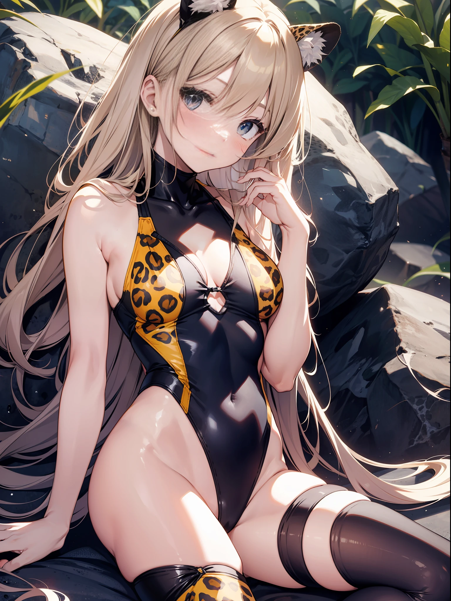 Leopard print swimsuit、Slender Beautiful Girl、One person、high picture quality、best-quality、Fine detail、Does not blush cheeks、kneehighs、a-pose