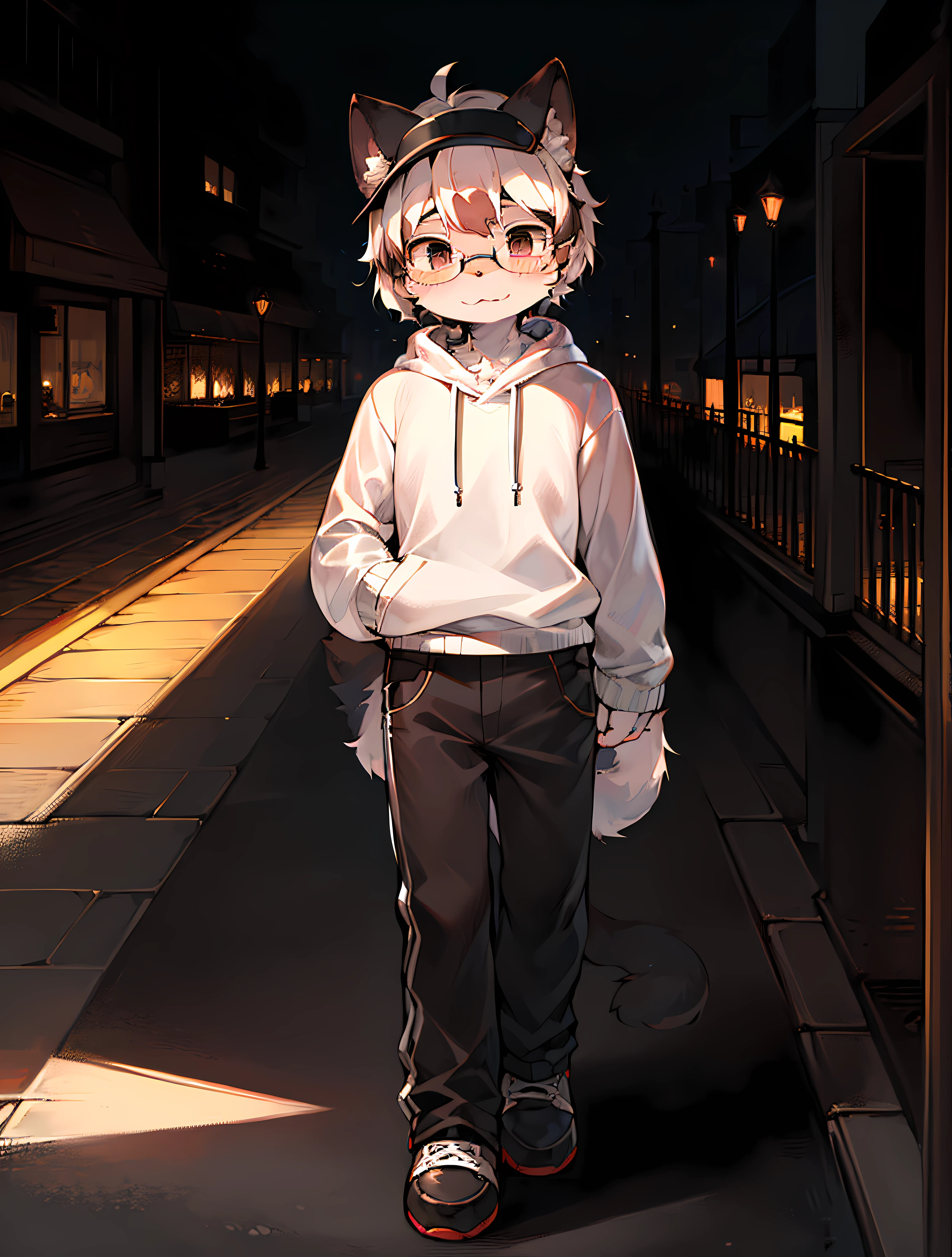 Masterpiece,high-quality,abstract res,Digital painting\(piece of art\), By Dagasi, Yupa,Kiyosan,(anthro,Fluffy fur,Character focus:1.1),anthro male cat,Short hair,portrait , Bright eyes, Panoramic View, Character focus.(Detailed background:0.7), solo, shaggy, Hairy male, Male focus, anthr,(Full body fur, Fluffy tail, Black and white fur, Black eyes, Black and white hair:1.2), (Long felines、Sweatshirt、trousers、eyeglasses、headset、headwear:1.2),(exterior、During the Day、park:1.1)