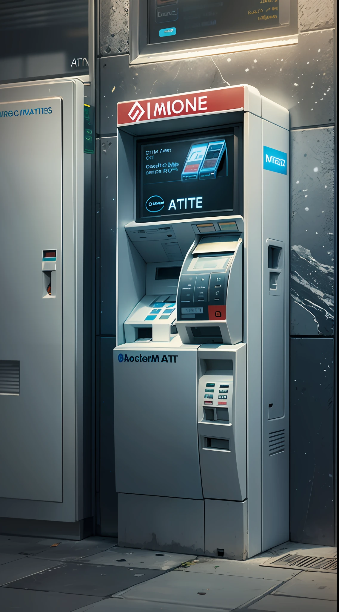 one atm machine, error message, machine in the middle of the photo, photorealistic