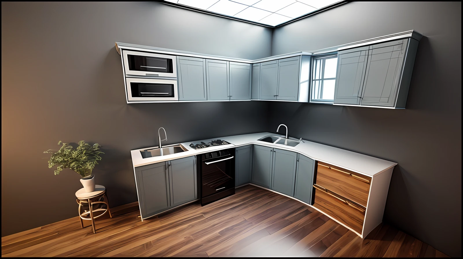 there is a small kitchen with a sink and a dishwasher, kitchen, rendered 3d model, 3d rendering, 3 d rendering, blue realistic 3 d render, with 3d render, with 3 d render, 3d rendered model, 3d rendering!, 3 d rendering!, polygonal, d render, rendered in 3 dsmax, computer generated