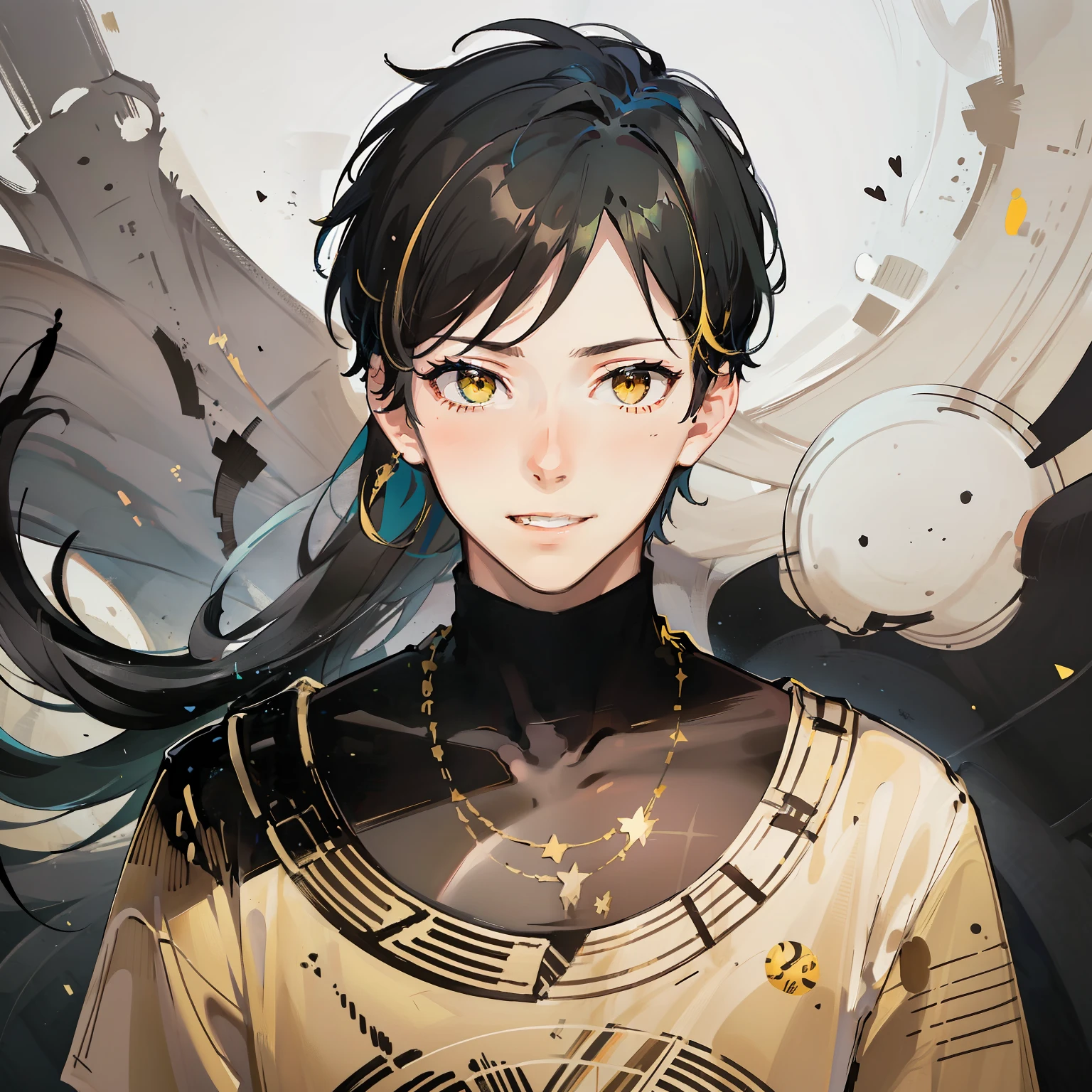 (((1boy))), ((toned)), male focus, masterpiece, high quality, (masterpiece:1.2), (best quality:1.2), shiny, realistic, ornate, intricate skin, ((black hair)), (yellow highlights), yellow eyes, bangs, black and yellow basketball jersey, solo, elegant, looking_at_viewer, yellow_eyeliner, FH , looking at the horizon, pupils constricted, (shadows cast over the face:1.3), dark room, shadow room, big grin, (upper body)