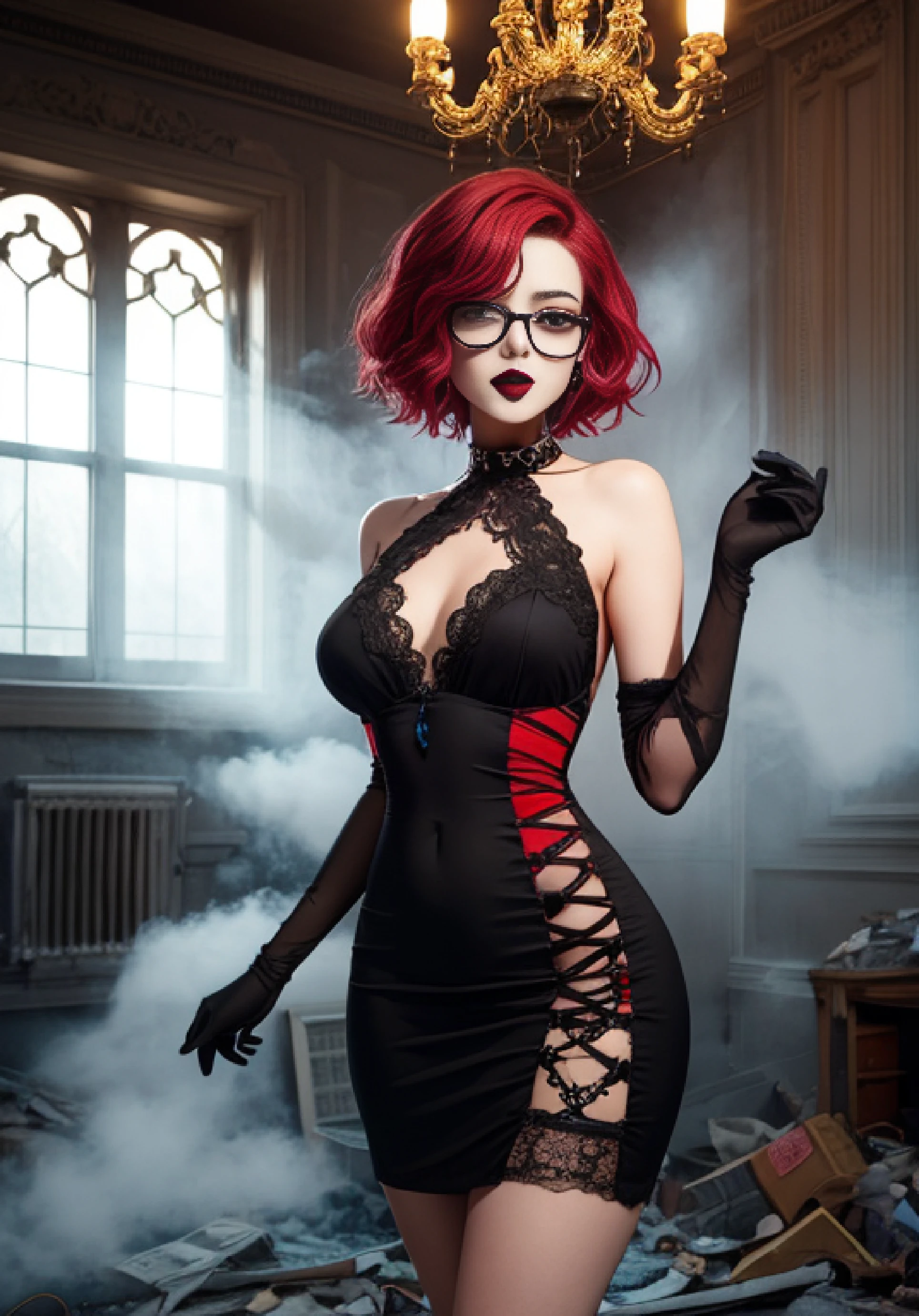 A photo of a young, nerdy woman. (looking at the viewer:1.4). (short dark hair:1.3), (slender), (black lips:1.4), flirting with the camera. square glasses. choker, makeup, (ornate goth jewelry:1.2), smiling. (dyed hair, red hair color:1). (large (abandoned) gothic haunted manor house:1.3), (fog indoors:1.4), lamplight, (dramatic detailed layered background), (light rays:1.3), chandelier, (cobwebs:1.3), (dust). ((ornate:1.4) short elegant plunging tight silk and lace (red:1.4) (sleeved:0.5) halterneck dress), cheering, krystal, cuddly, hot, taejune kim, lee ji-eun,