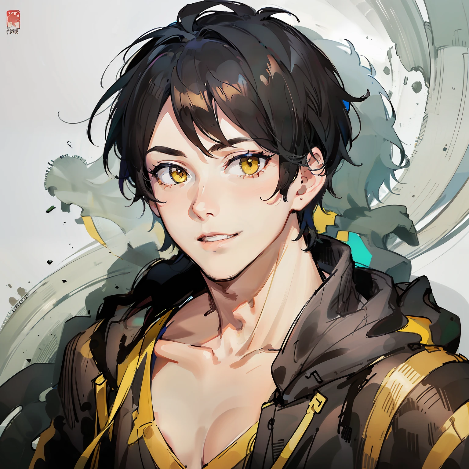 (((1boy))), ((toned)), male focus, masterpiece, high quality, (masterpiece:1.2), (best quality:1.2), shiny, realistic, ornate, intricate skin, ((black hair)), (yellow highlights), yellow eyes, bangs, black and yellow basketball jersey, solo, elegant, looking_at_viewer, yellow_eyeliner, FH , looking at the horizon, pupils constricted, (shadows cast over the face:1.3), dark room, shadow room, big grin, (upper body)