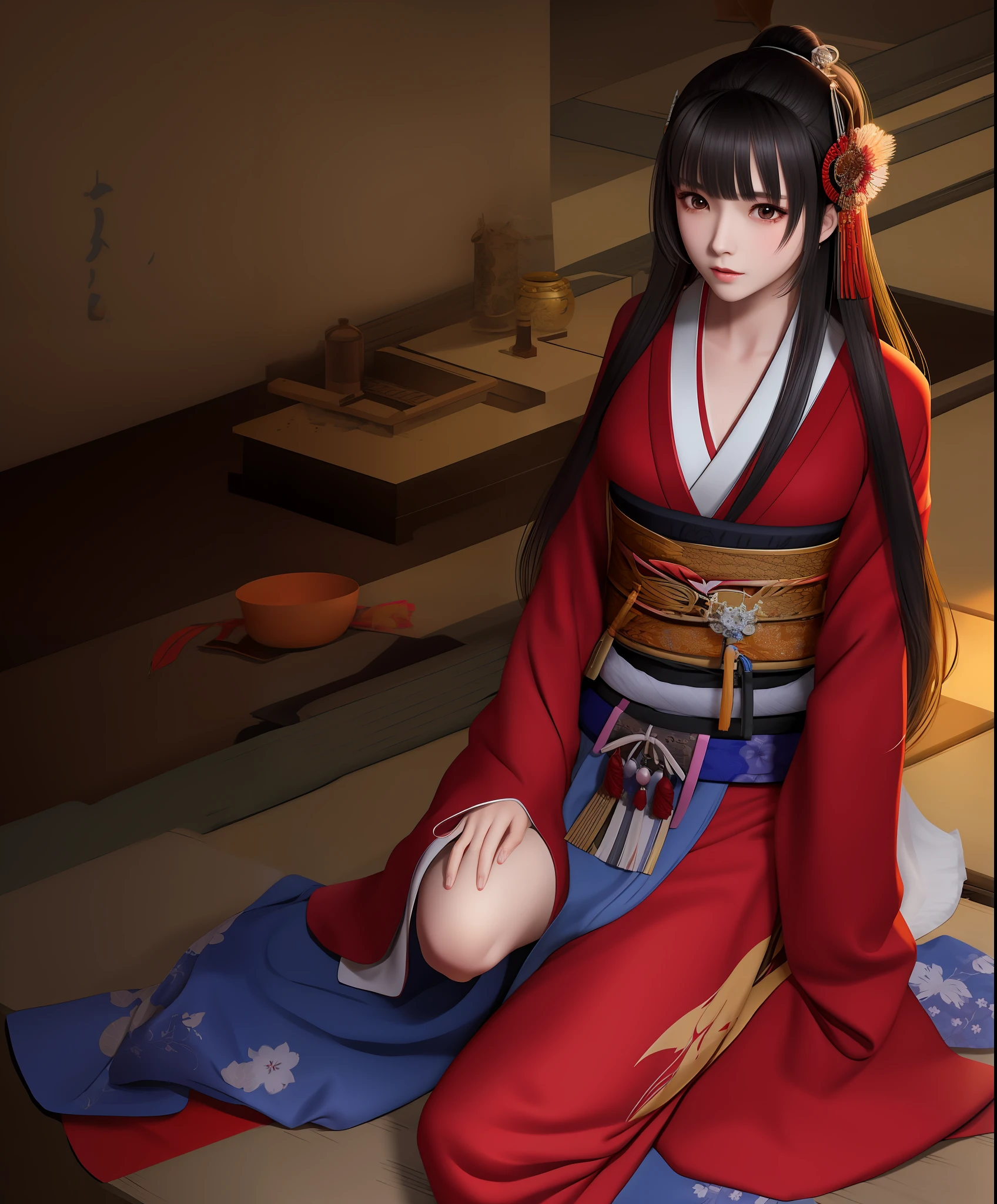 in kimono,Long-haired woman,Sengoku period in Japan,Leng Yan girl,Samurai woman,Red eyes