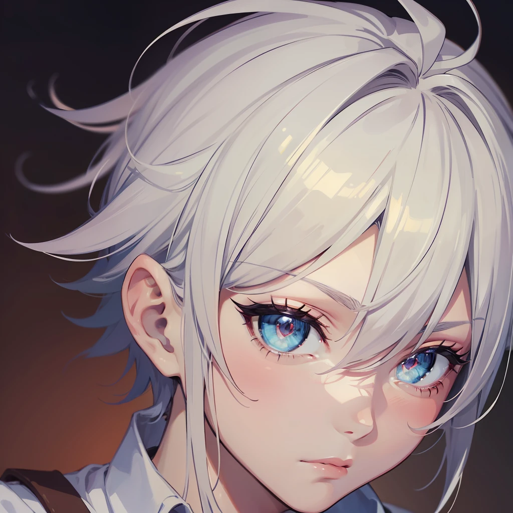 ((masterpiece)), ((best quality)), ((anime profile style)), ((HD 4k)), ((anime character)), a boy, male face, brown skin, eyes, Eyelid, Pupil, Sclera, Iris, Eyebrow, Eyelashes, Ear, Nose, Short White Hair, Neck, Shoulders, Medium Breasts, Men's Clothing Simple Casual, Arms, Bad Perfect, Viewer's View