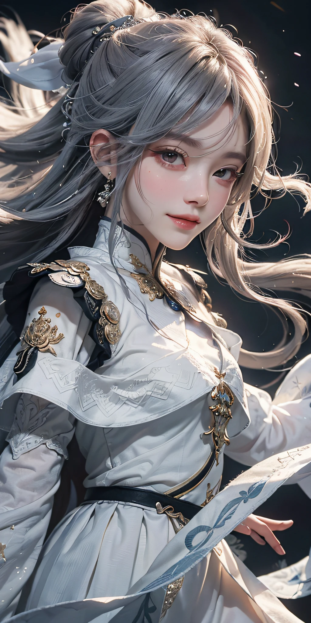 (Masterpiece, Top Quality, Best, Official Art, Portrait, Quartershot, Shy, Beautiful and Aesthetic, Long Exposure: 1.2), Smooth Movement, Glamorous Pattern, 1 Girl, (Long Skirt with Sleeves: 1.3), (((White Clothes))), Upper Body Close-Up, No Shoulders, Chinese Girl, Blush, Black Lob Hair, Portrait, Solo, Upper Body, Long White Hair, Slender Legs, Smile, Close-up of Face, Ultra Wide Angle, Gaze Observer, Detailed Background, Detailed Face, ( crystallineAI, crystalline theme:1.1), elemental wind sprite, swirling wind, control wind, white crystal clothes, dynamic pose, floating particles, ethereal power, whirlwind, vapor, whirlwind in background, white tone, whirlwind, ethereal atmosphere,