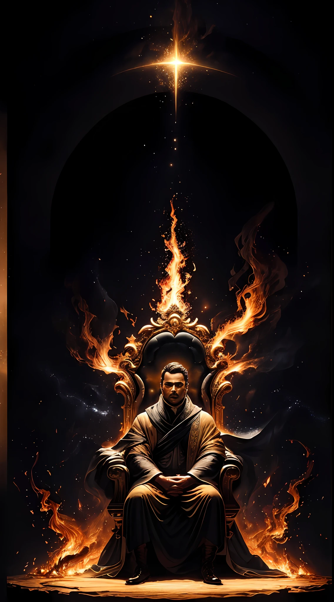 Um homem branco de cabelo preto ruim corpo cheio, background galaxy, Magical 3D, Full resolution RTX style with flaming eyes sitting on a throne, captured through Photography with a 35mm lens. Inspired by the art of National Geographic photographers, a cena retrata o homem, majestoso e poderoso. The color temperature is warm, with golden tones enhancing the man's grandeur. Os olhos do homem queimam com chamas intensas, emanating a sense of authority and dominance. Lighting casts dramatic shadows, criando uma atmosfera cativante, symmetrical, corpo cheio, Wide angle, RTX, BobyBuilder
