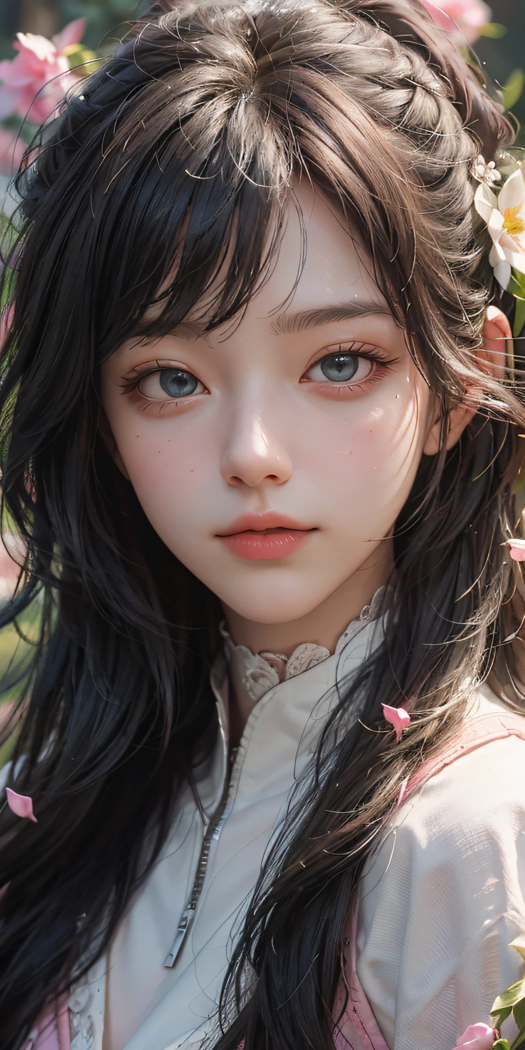 (Absurd, High Resolution, Portrait, Ultra Detailed), 1girl, Mature Female, Wavy Blonde, Long Hair, Blunt Bangs, Green Eyes, Pink Dress, Fine Eyes and Detailed Face, Extremely Detailed CG Unity 8k Wallpaper, Intricate Details, BREAK, Kaleidoscopic Images, Symmetrical Patterns, Bright Colors, Geometric Shapes, Captivating Design, Optical Illusion, Dynamic Composition BREAK, Mime Art, Expressive Body Language, Silent Storytelling, Evocative gestures, visual narratives, theatrical performances, blooming flowers, colorful petals, fragrant smells, gifts from nature, vibrant gardens, tranquil landscapes