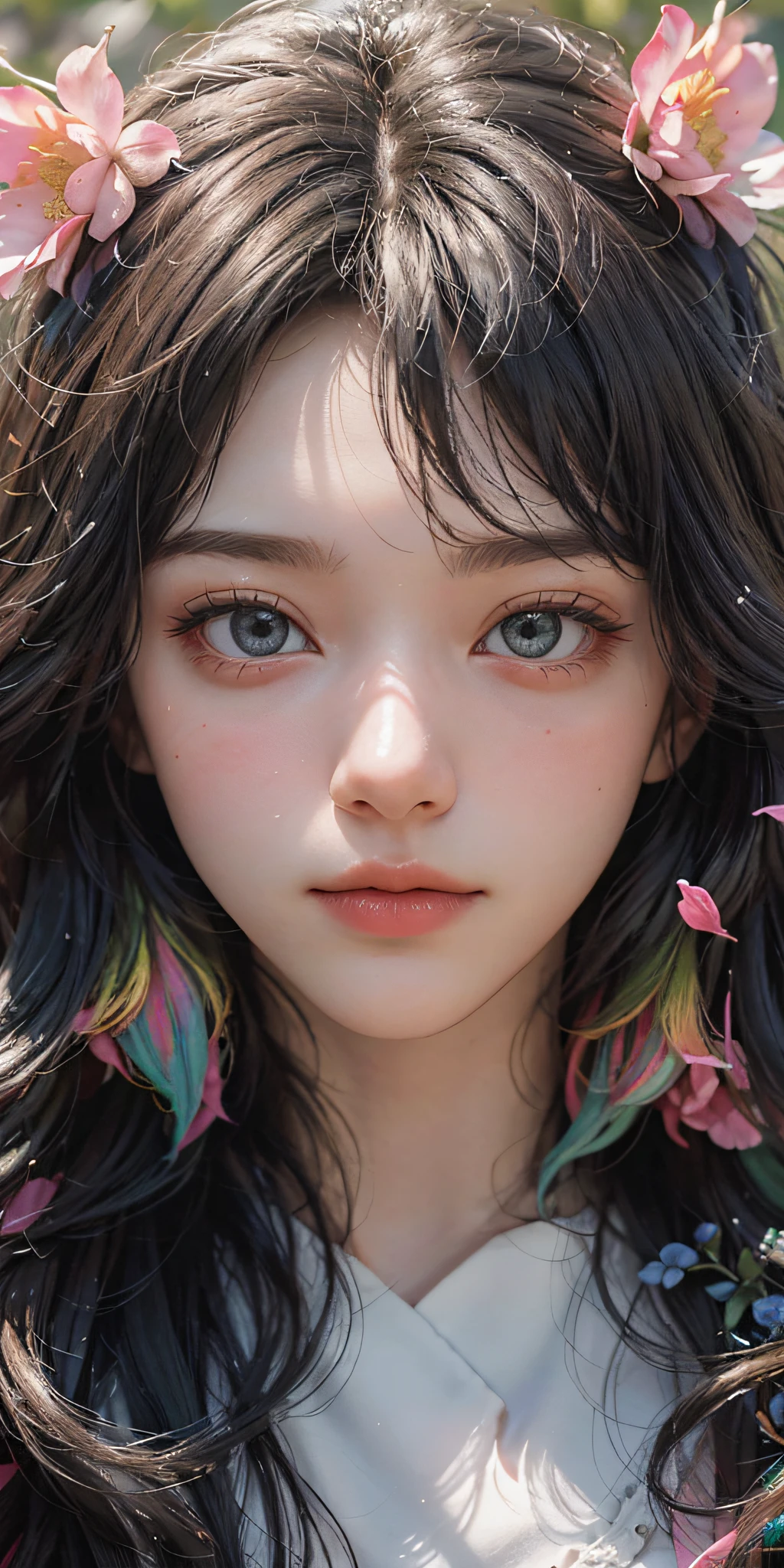 (Absurd, High Resolution, Portrait, Ultra Detailed), 1girl, Mature Female, Wavy Blonde, Long Hair, Blunt Bangs, Green Eyes, Pink Dress, Fine Eyes and Detailed Face, Extremely Detailed CG Unity 8k Wallpaper, Intricate Details, BREAK, Kaleidoscopic Images, Symmetrical Patterns, Bright Colors, Geometric Shapes, Captivating Design, Optical Illusion, Dynamic Composition BREAK, Mime Art, Expressive Body Language, Silent Storytelling, Evocative gestures, visual narratives, theatrical performances, blooming flowers, colorful petals, fragrant smells, gifts from nature, vibrant gardens, tranquil landscapes