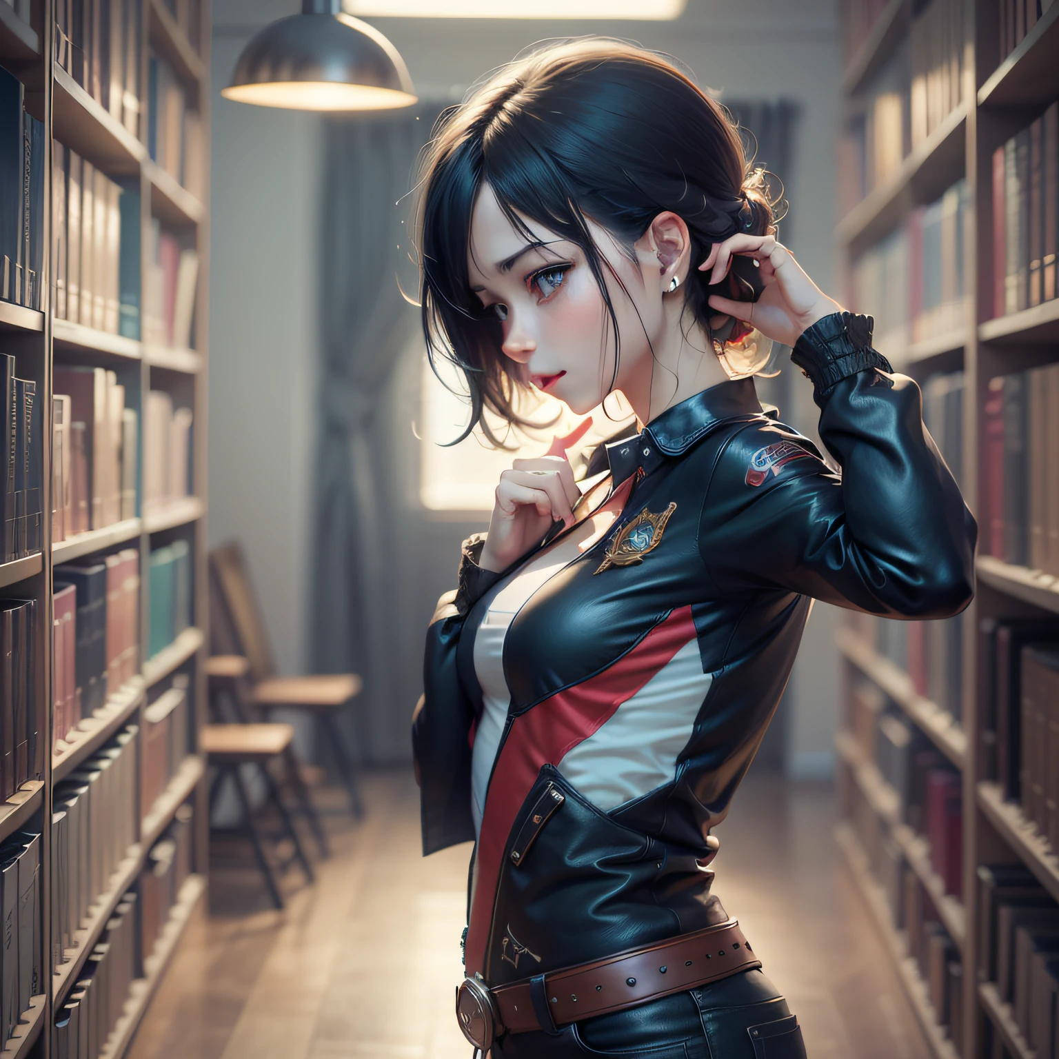 library,1boy,bookshelf,Black hair,hyperrealist, highdetail, animetic, romanticism, Anime style, from the side, atmospheric perspective, panorama, far view, chiaroscuro, Cinematic lighting, ray trace, shaded, UHQ, Masterpiece, Anatomically correct, super details, highdetail, high-quality, Best quality, high res