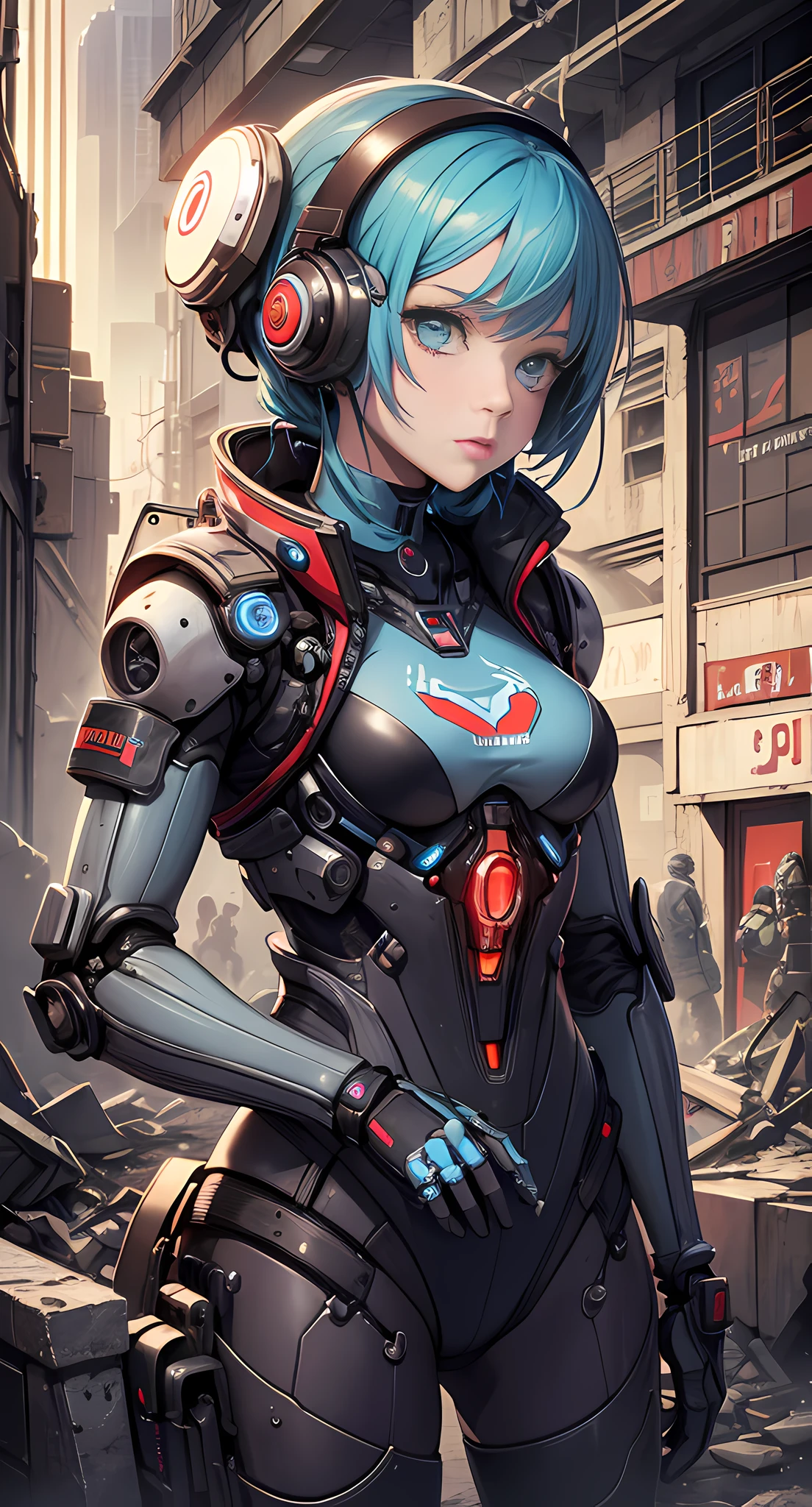 best-quality,Masterpieces,Ultimate resolution,Colorful,Colorful,(Cyberpunk style),A mechanical girl,And her little robot,In an alien garden reborn in the apocalyptic wasteland,glad,pleasure,Bouquet in hand,Mechanical parts,ruins, bust,