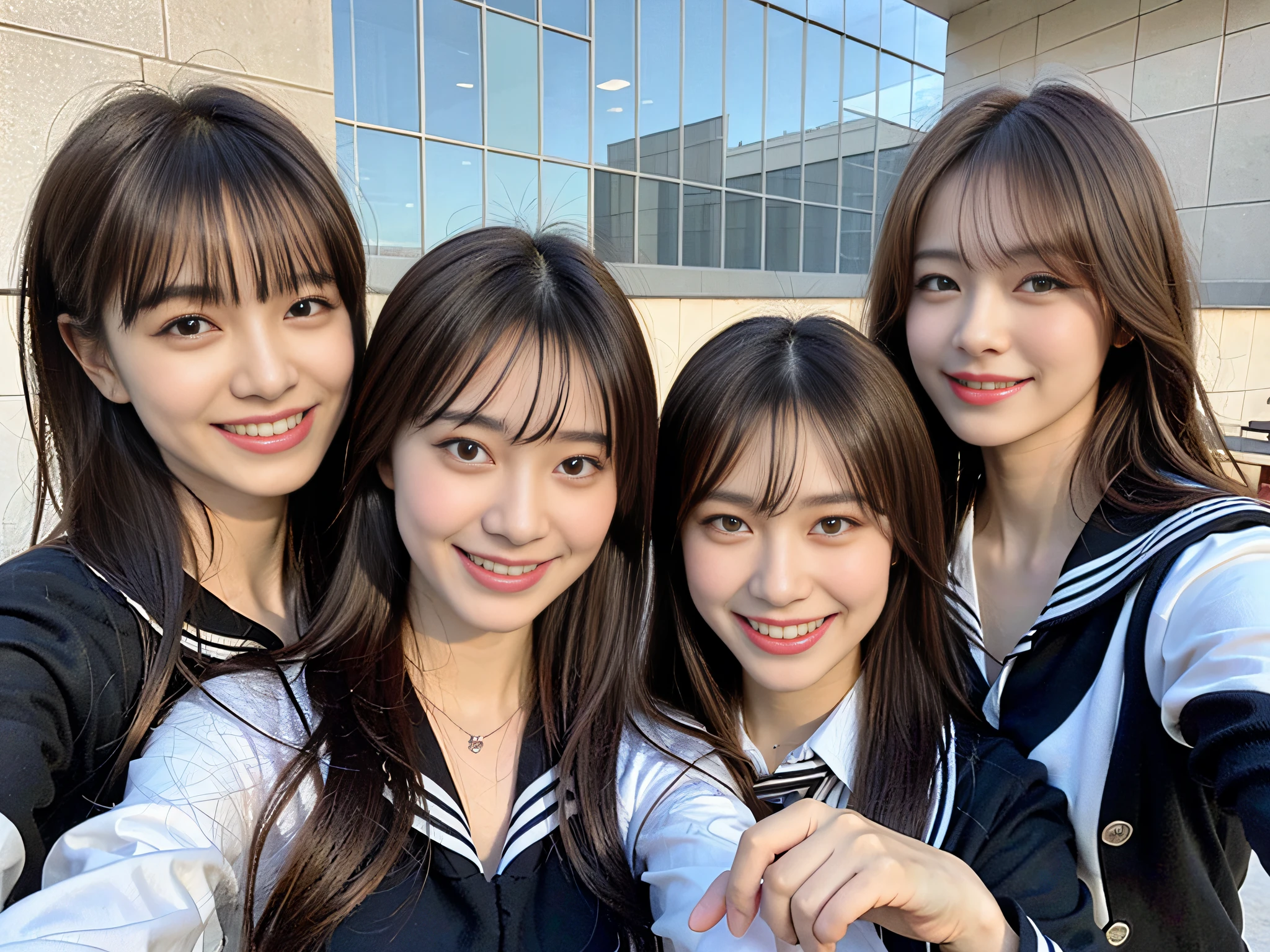 (8k、RAW Photography、best-quality、master masterpiece:1.2)、super-detailed、Super Resolution、(real、real pictures:1.37)、(photo-realistic:1.6)、from above view、Angle from above、Camera angle from above、Eating lunch on the roof of the school。、Fantastic scenery、Cute lunch box、Gakko's rooftop、lunch break、Stylish school、futuristic city、School of the Future、future、A futuristic world、Fantastic world、New World、High-resolution RAW color photos、professional photo、Very detailed and beautiful、(Pointing at the camera)、(Spread your hands wide and your palms facing us)Real Light、A smile that makes you see your teeth、Beautiful scenery mixed with light、Highly detailed sailor suit、Amazingly cute female proofreader、Amazing cute smile、Transcendent cute face、Amazing details、red scarf、Beautiful girls in very detailed、Faces with different patterns、、One has a ponytail、Modern cute high school girl、Very detailed face Very detailed eyes、Very realistic skin、 Highly detailed fingers, Very detailed nose, Highly detailed mouth, perfect anatomy, Highly detailed sailor suit、extremely detailed background,after school、。Smiles overflow、、long straight hair, (blunt bangs:1.2), 、Schoolgirl youth Celebrity-level cuteness 、(Pink Eye Shadow)