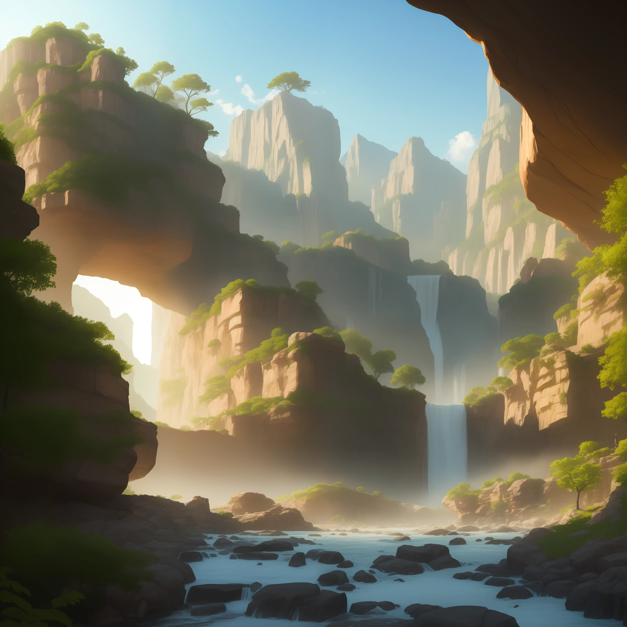 prompt:an awesome sunny cheerful day environment concept art of Futuristic design of cave architecture interiors concept art on grand Canyon caves nature architecture, proportional,detailed, cave architecture nature meets futuristic architecture on a rainforest jungle cliff with huge waterfalls,Crepuscular rays, nature meets modern architecture in the style of Aries Moross, Rem Koolhaas,Daniel Libeskind, Jean Nouvel, Paolo Soleri,Toyo Ito and Philip Johnson with Dry brush drawing style ,Chiaroscuro village,cliff side residential area, mixed development,nature architecture,bright colors,high rise made up staircases, balconies, full of glass facades,carved from rocks, masterpiece, proportional, detailed, trending on artstation, beautiful lighting, realistic, intricate, award --auto