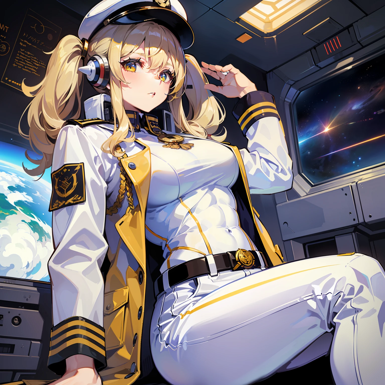 ((Masterpiece)), ((Highest Image Quality)), (((Best Quality)), (Illustration of One Girl), Full Body, 25 Years Old, (Neutral)), ((Blonde Twin Tails)), Light Golden Eyes, (Tall)), (Muscular Strong Body)), ((Muscular and Thick Body)), ((Muscular and Thick Arms)), ((Muscular and Thick Legs)), (Manspreading)), Open Legs, (((Army Uniform)), (Army Hat)), (((Army Coat)), (white clothes), (white pants), (white hat), trench coat, ((inside the spaceship, sitting in the captain's seat)), (outside the window, space, Earth seen from space, spaceport)