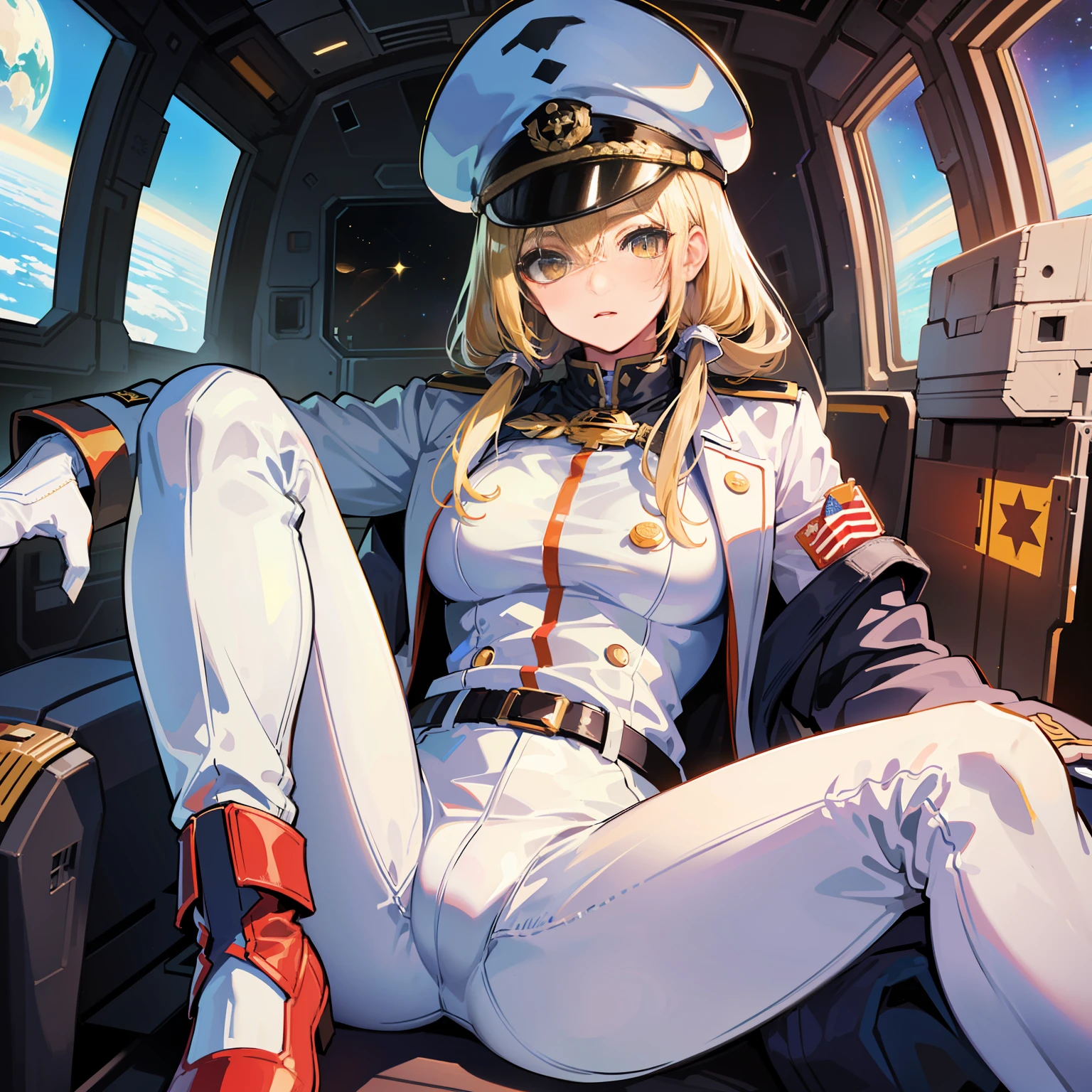 ((Masterpiece)), ((Highest Image Quality)), (((Best Quality)), (Illustration of One Girl), Full Body, 25 Years Old, (Neutral)), ((Blonde Twin Tails)), Light Golden Eyes, (Tall)), (Muscular Strong Body)), ((Muscular and Thick Body)), ((Muscular and Thick Arms)), ((Muscular and Thick Legs)), (Manspreading)), Open Legs, (((Army Uniform)), (Army Hat)), (((Army Coat)), (white clothes), (white pants), (white hat), trench coat, ((inside the spaceship, sitting in the captain's seat)), (outside the window, space, Earth seen from space, spaceport)