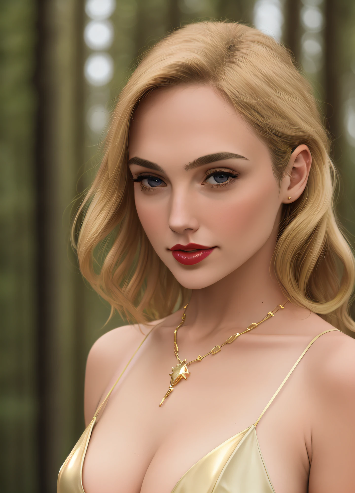 photo of gldot, ultra realistic, 8k, Nikon Z FX, sexy woman, beautiful, caucasian, (shining blond hair:1.2), pensive, alluring, medium breasts, glamorous pose, full length portrait, sheer white gown, gold necklace, 8k, pale red lips, natural lighting, soft lighting, highly detailed, forest background, hourglass figure, fit,
