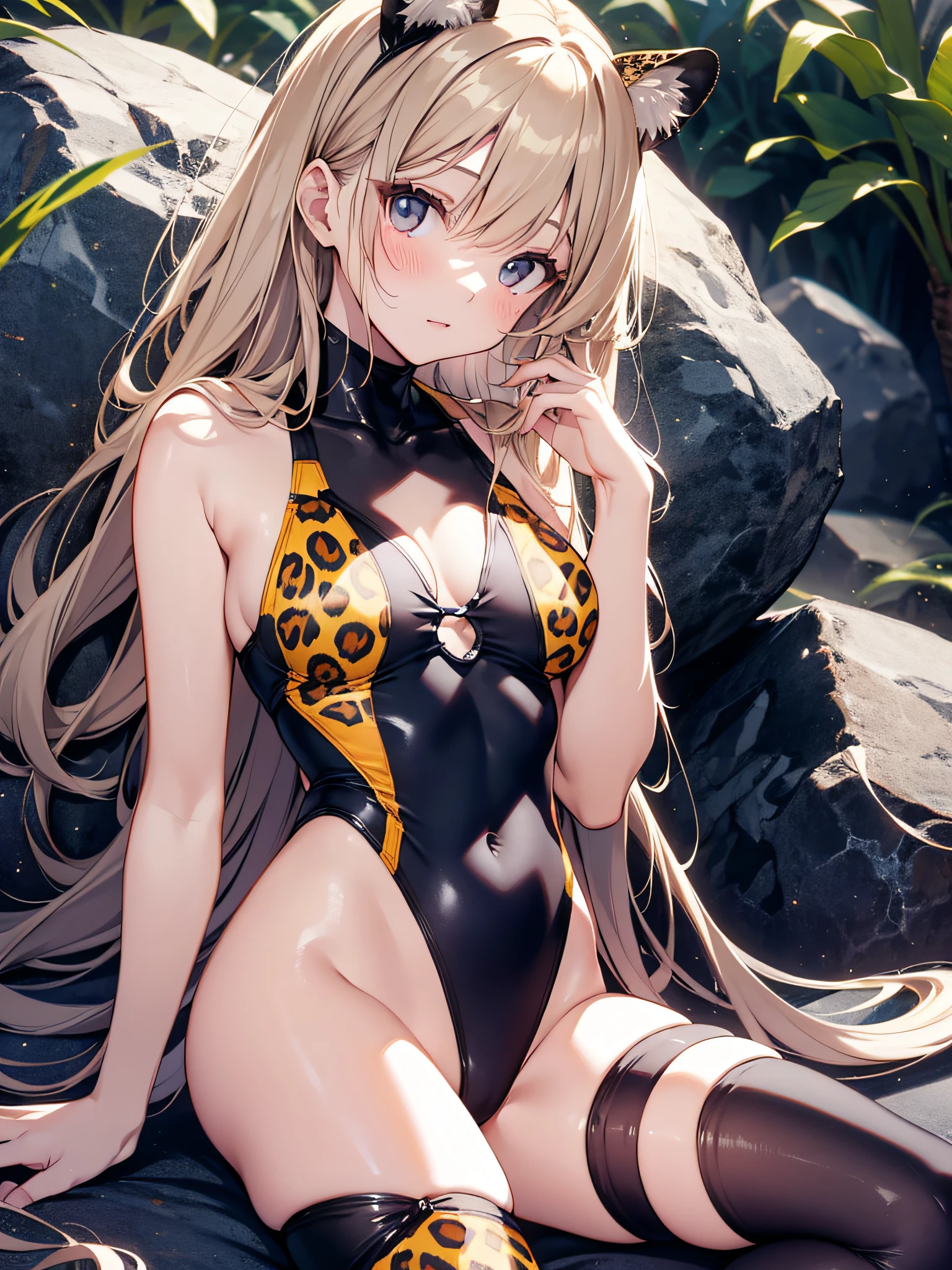 Leopard print swimsuit、Slender Beautiful Girl、One person、high picture quality、best-quality、Fine detail、Does not blush cheeks、kneehighs、a-pose