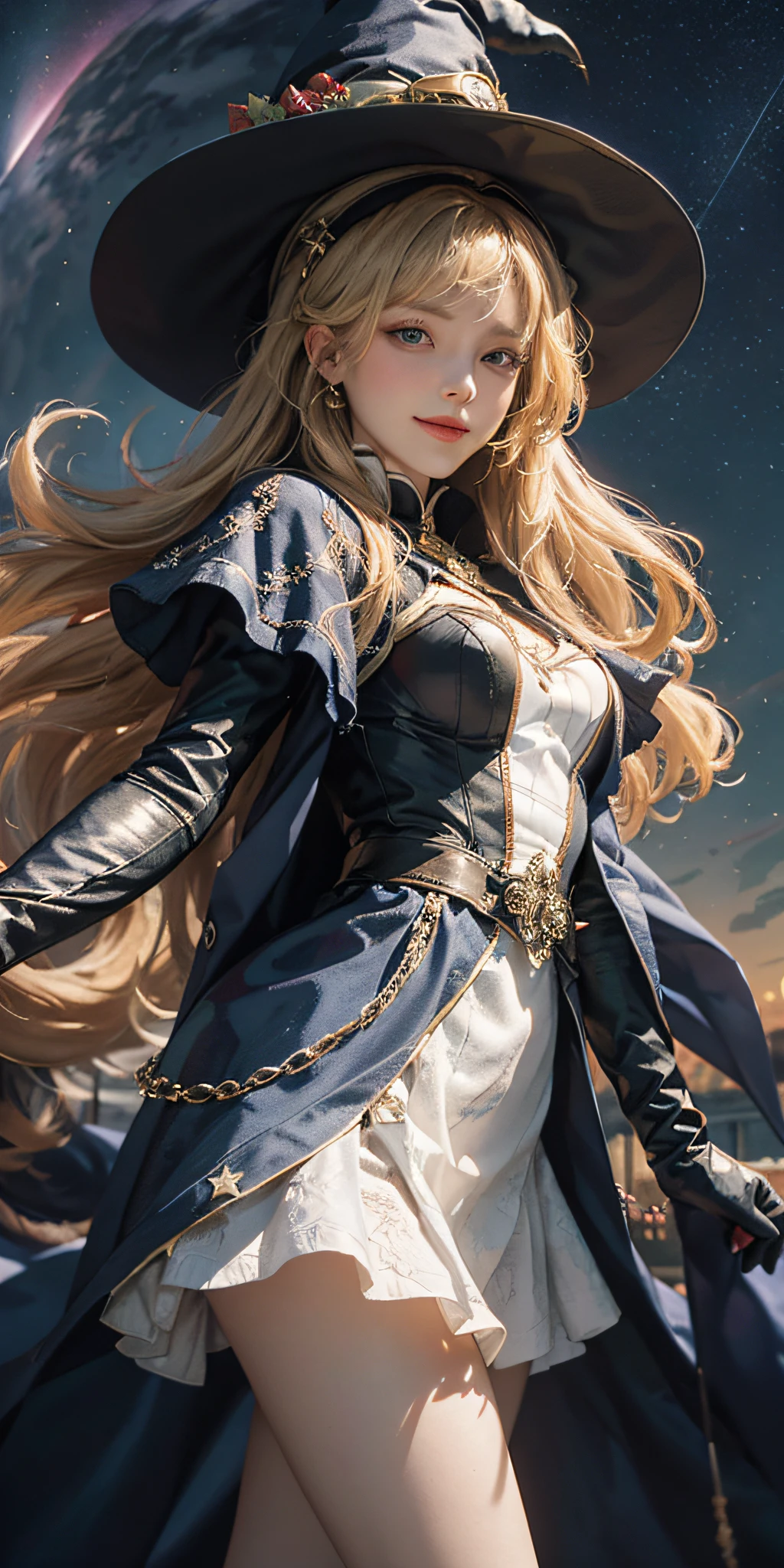 ((masterpiece:1.2, best quality)), 1girl, solo, (witch hat), blonde, long hair, skirt, aurora, night, stars (sky), gloves, sky, white skirt, night sky, mouth open, starry sky, blue Eyes, Ribbons, Long Hair, Red Dress, Smile, Headband, Cape, Blue Hair, (Bird), Magic, Spellcasting, Dark Clouds, Night, (Impressionism: 1.4), (Tarot: 1.3), Alphonse Mucha,