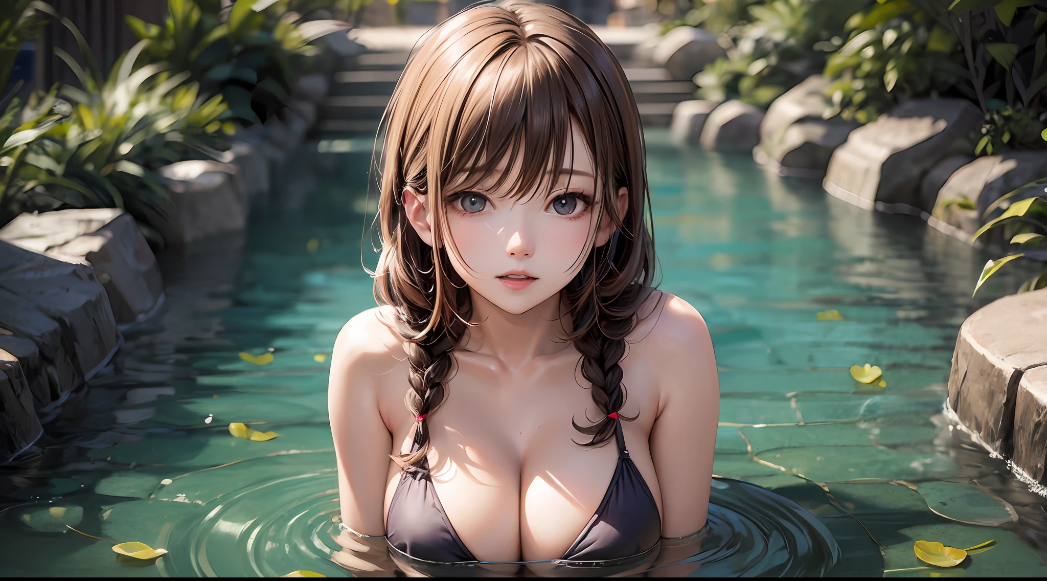 （Chainsaw Man、Makima）、Brown skin、（（（Naked and shoulder-deep in hot springs）））、（Braids of orange color）、Young、Cute、bishoujo、Perfect style、gigantic breasts、Emphasizes cleavage、expressionless、real、realistic、８K、highly detail、best-quality、Best image quality、hyper high resolution、master masterpiece、only girl、（（The background is a hot spring in Japan））、