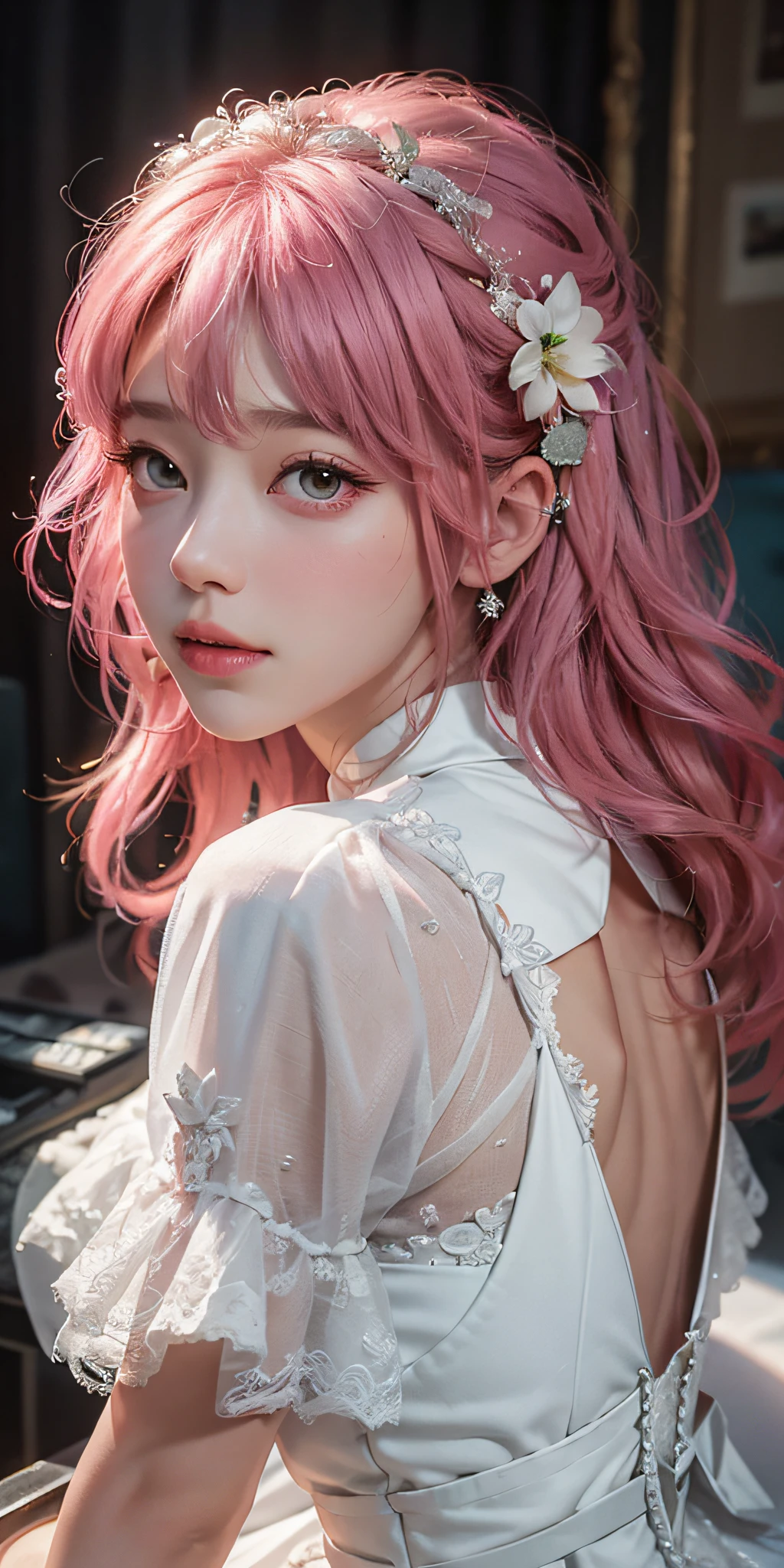 Masterpiece, best quality, photo realistic, asda, face, 1girl, head, thick lips, pink hair, sitting, light blue wedding dress, shiny skin, mix4,