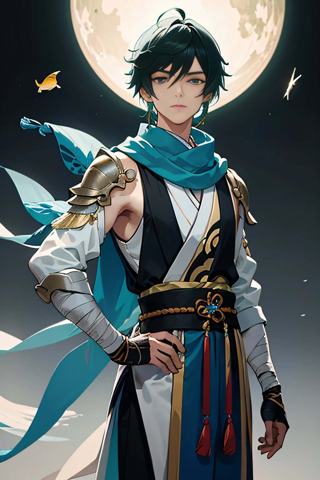 (Masterpieces),(best quaity),Lifelike,Movie light,(The fish in Genshin),1boy,Cool pose,(Black-green hair,white tank-top),a short hair,Bandage hand guards,Unilateral shoulder armor,Blue robe,Yellow tassel decoration,The purple scarf flutters,Blue spear,Arms exposed,Long sleeve on the right hand,