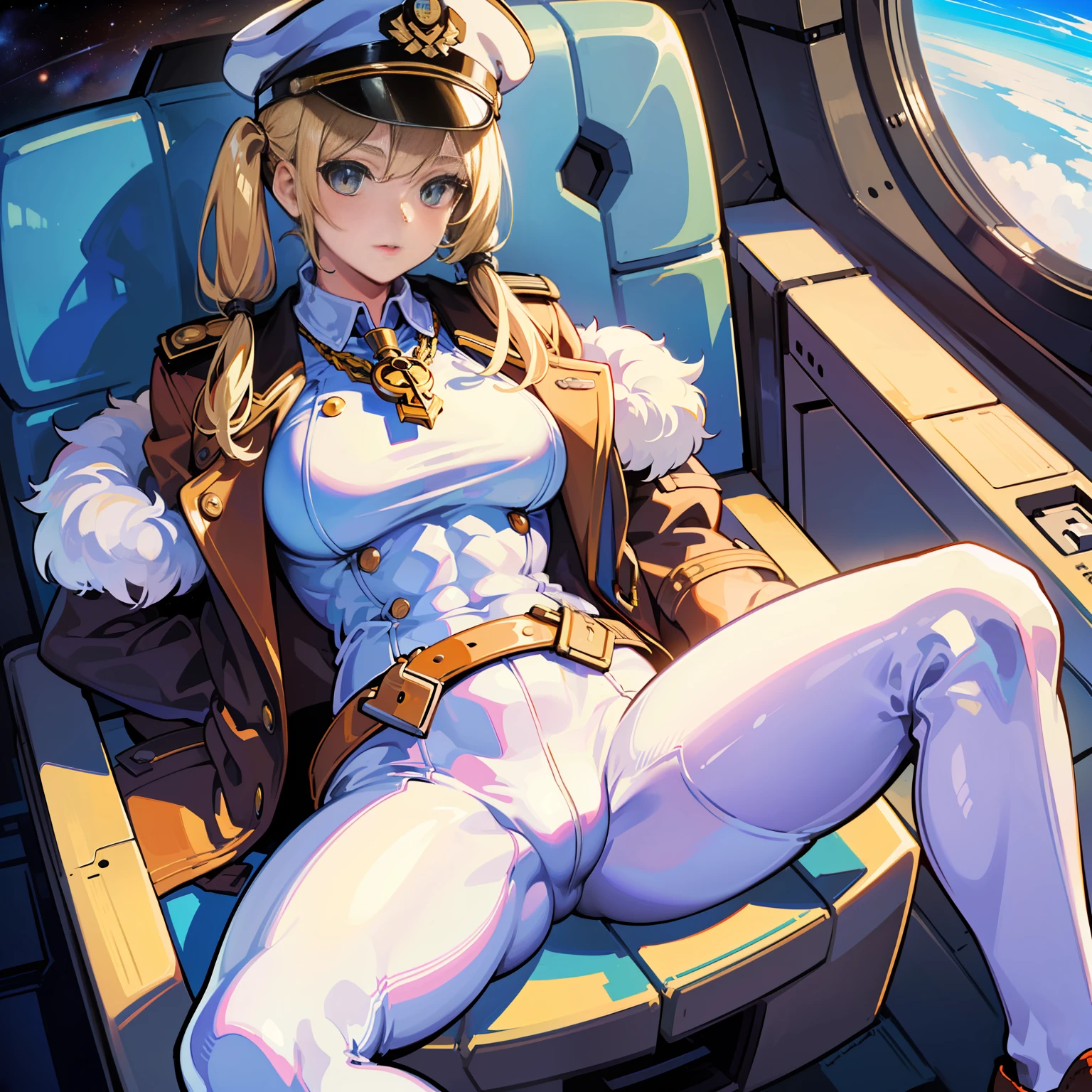 ((Masterpiece)), ((Highest Image Quality)), (((Best Quality)), (Illustration of One Girl), Full Body, 25 Years Old, (Neutral)), ((Blonde Twin Tails)), Light Golden Eyes, (Tall)), (Muscular Strong Body)), ((Muscular and Thick Body)), ((Muscular and Thick Arms)), ((Muscular and Thick Legs)), (Manspreading)), Open Legs, (((Army Uniform)), (Army Hat)), (((Army Coat)), (white clothes), (white pants), (white hat), trench coat, ((inside the spaceship, sitting in the captain's seat)), (outside the window, space, Earth seen from space, spaceport)