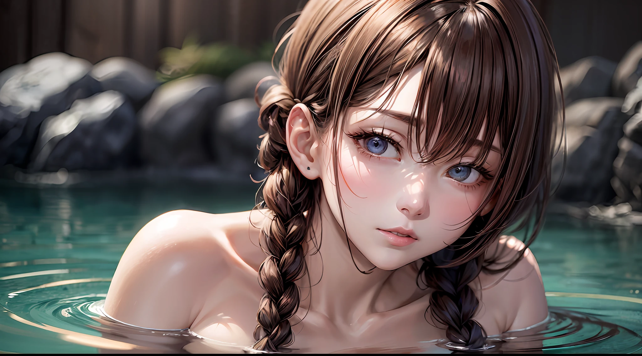(Chainsaw Man、Makima)、Brown skin、(((Naked and shoulder-deep in hot springs)))、(Braids of orange color)、Young、Cute、bishoujo、Perfect style、gigantic breasts、Emphasizes cleavage、expressionless、real、realistic、8K、highly detail、best-quality、Best image quality、hyper high resolution、master masterpiece、only girl、((The background is a hot spring in Japan))、