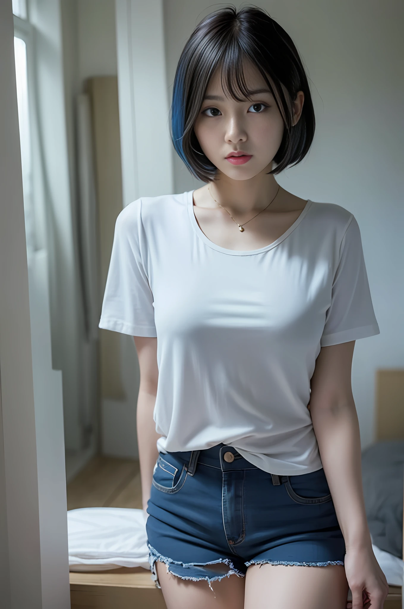 Stylish shirt、shorts、Bob Hair、Blue hair、SM Room、In front of the mirror、