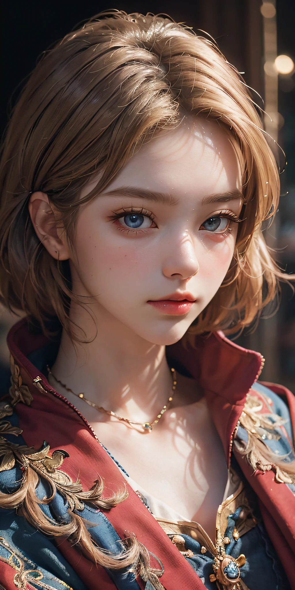 (masterpiece: 1.2, portrait, best quality), realistic, (real picture, complex details, depth of field), best quality, masterpiece, high detail, semi-realistic, 1 girl, shy, 21 years old, short blonde hair, left hairy eyes, Blue eyes, royal clothes, red cape, slim figure