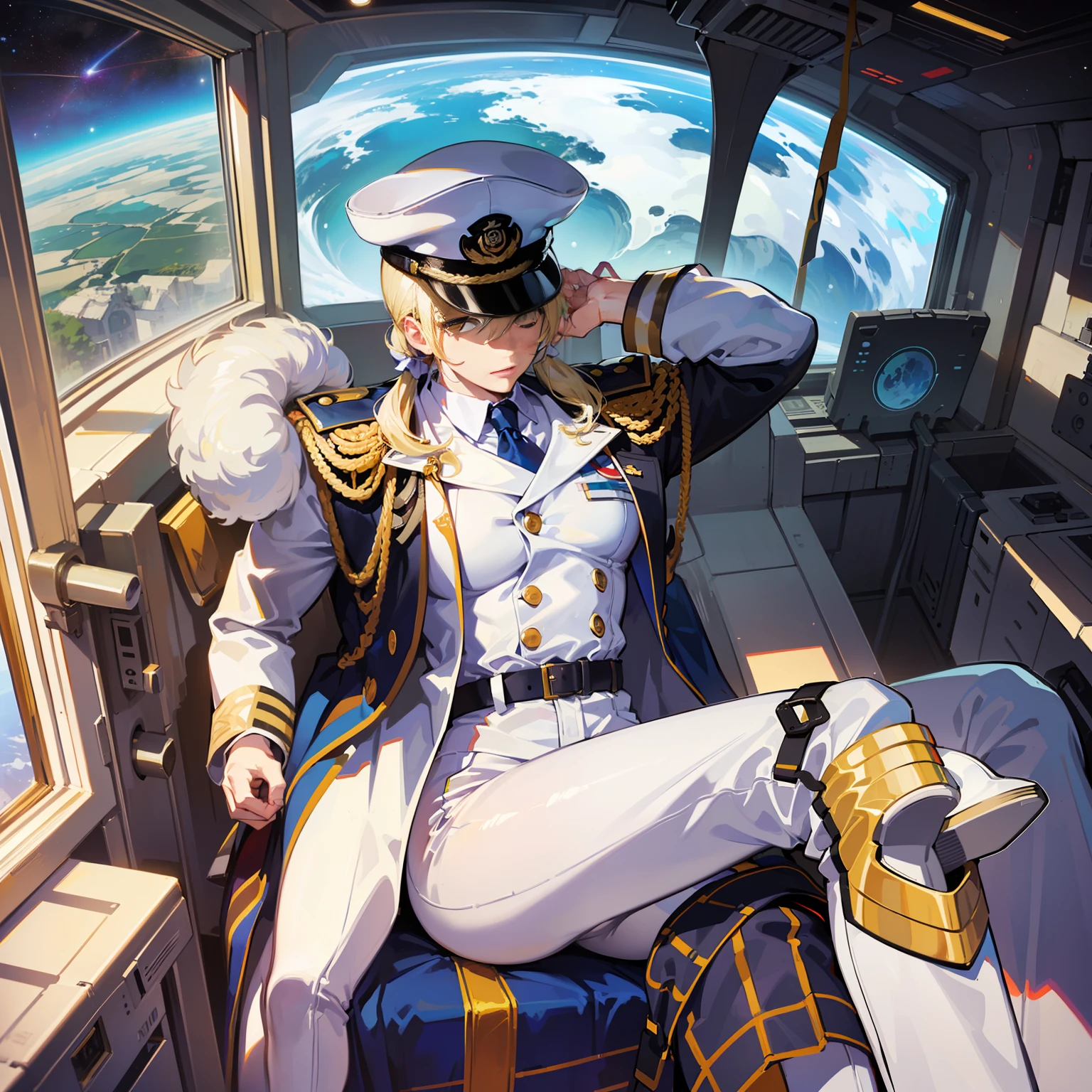 ((Masterpiece)), ((Highest Image Quality)), (((Best Quality)), (Illustration of One Girl), Full Body, 25 Years Old, (Neutral)), ((Blonde Twin Tails)), Light Golden Eyes, (Tall)), (Muscular Strong Body)), ((Muscular and Thick Body)), ((Muscular and Thick Arms)), ((Muscular and Thick Legs)), (Manspreading)), Open Legs, (((Army Uniform)), (Army Hat)), (((Army Coat)), (white clothes), (white pants), (white hat), trench coat, ((inside the spaceship, sitting in the captain's seat)), (outside the window, space, Earth seen from space, spaceport)