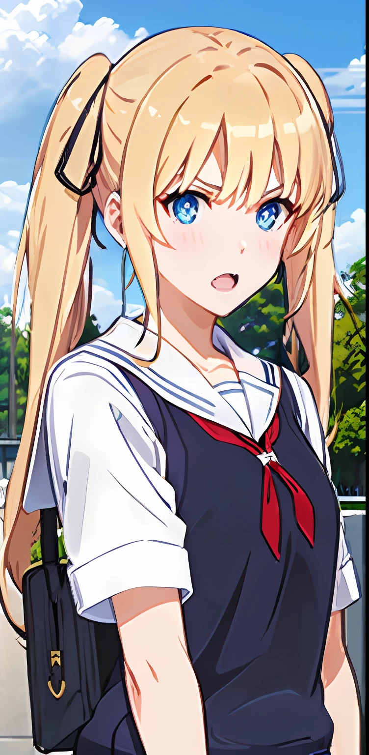 ph_eriri, sawamura spencer eriri, 1girl, blonde hair, blue eyes, school uniform, twintails, solo, fang, long hair, open mouth, hair ribbon, locker, anime coloring, parody, serafuku, blush, upper body, bangs, sweater vest, black ribbon, cloudy sky, sky, trees, full body,
, (masterpiece:1.6, best quality), (finely detailed beautiful eyes: 1.2),