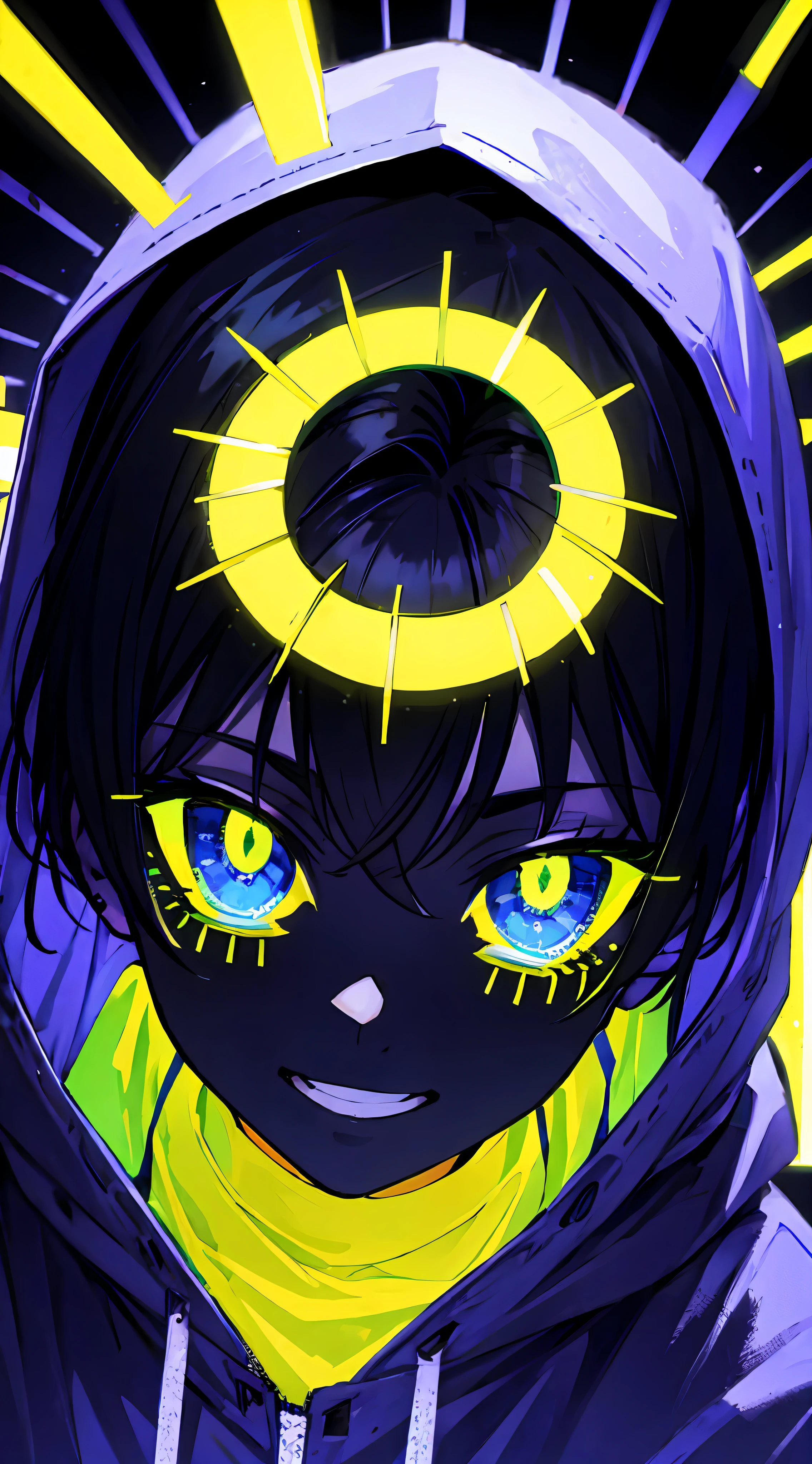 detailed background, masterpiece, best quality, smile, ornament, hoodie, portrait, yellow neon, graffiti, dark, night, glowing eyes, blacklight