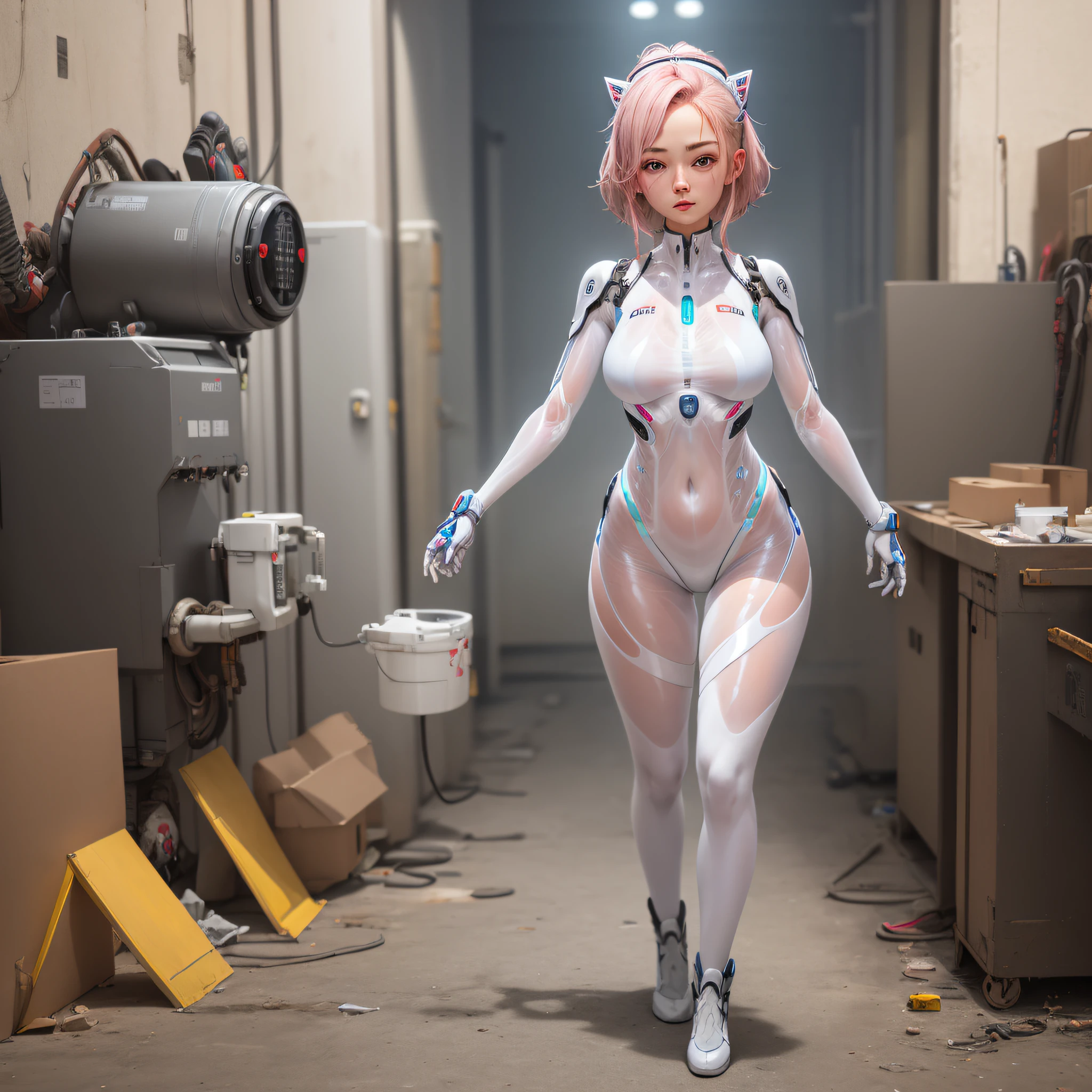 masterpiece, best quality, 1girl, (translucent skin: 1.3), white bodysuit, see through, mechanical