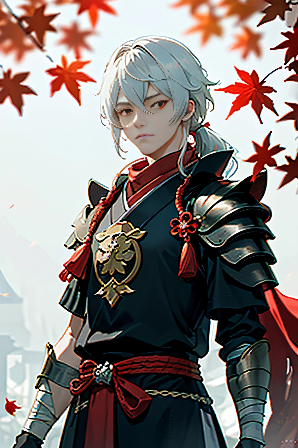 (Masterpiece), (Best Quality), Realistic, Cinematic Light, Maple Manyo in Genshin, Cool Pose, (White Hair, Short White Hair, Red Eyes), Low Ponytail, A strand of Red Hair, Bandage Gauntlet, Unilateral Shoulder Armor, Black and White Robe, Red Tassel Decoration, Red Scarf Fluttering, Red Maple Leaf Flying, Cyan Long Sword,