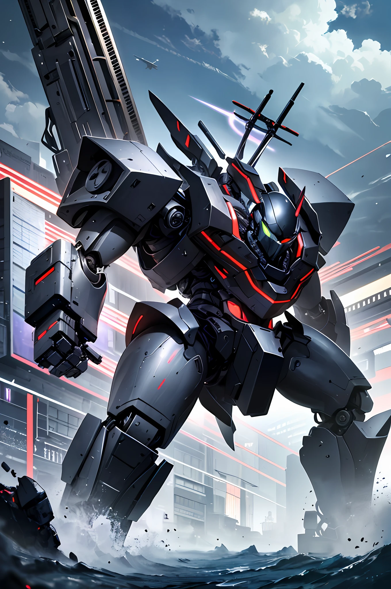 Top quality, masterpiece, highly detailed 8k wallpaper, female robot, mechanical articulated limbs, the whole body is covered with heavy mechanical armor, connected cables, perfect five fingers, tubes connecting the body, long gray hair, huge armor on both arms, huge thrusters on the waist, open stance, depiction from knee to head, (support unit of floating machinery:1.1), (headgear with sharp angles on both sides of the head: 1.2), ( Mechanical Giant Black Halo: 1.2), Drone-type Weapon, Black Giant Weapon, Black Giant Canon, Black Giant Laser Rifle, Mechanical Nuclear Giant Rifle,