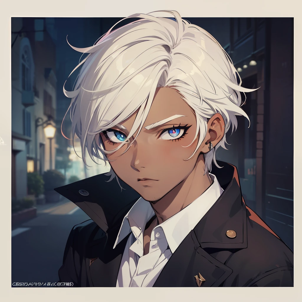((masterpiece)), ((best quality)), ((anime profile style)), ((HD 4k)), ((anime character)), boy, male face, dark skin tone, eyes, eyelid , pupil, sclera, iris, eyebrow, eyelashes, ear, nose, short white hair, neck, shoulders, menswear, arms, background, viewer view