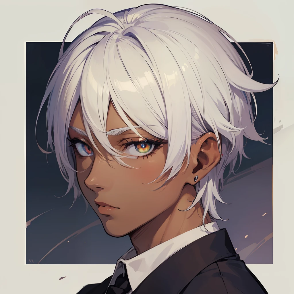 ((masterpiece)), ((best quality)), ((anime profile style)), ((HD 4k)), ((anime character)), boy, male face, dark skin tone, eyes, eyelid , pupil, sclera, iris, eyebrow, eyelashes, ear, nose, short white hair, neck, shoulders, menswear, arms, background, viewer view