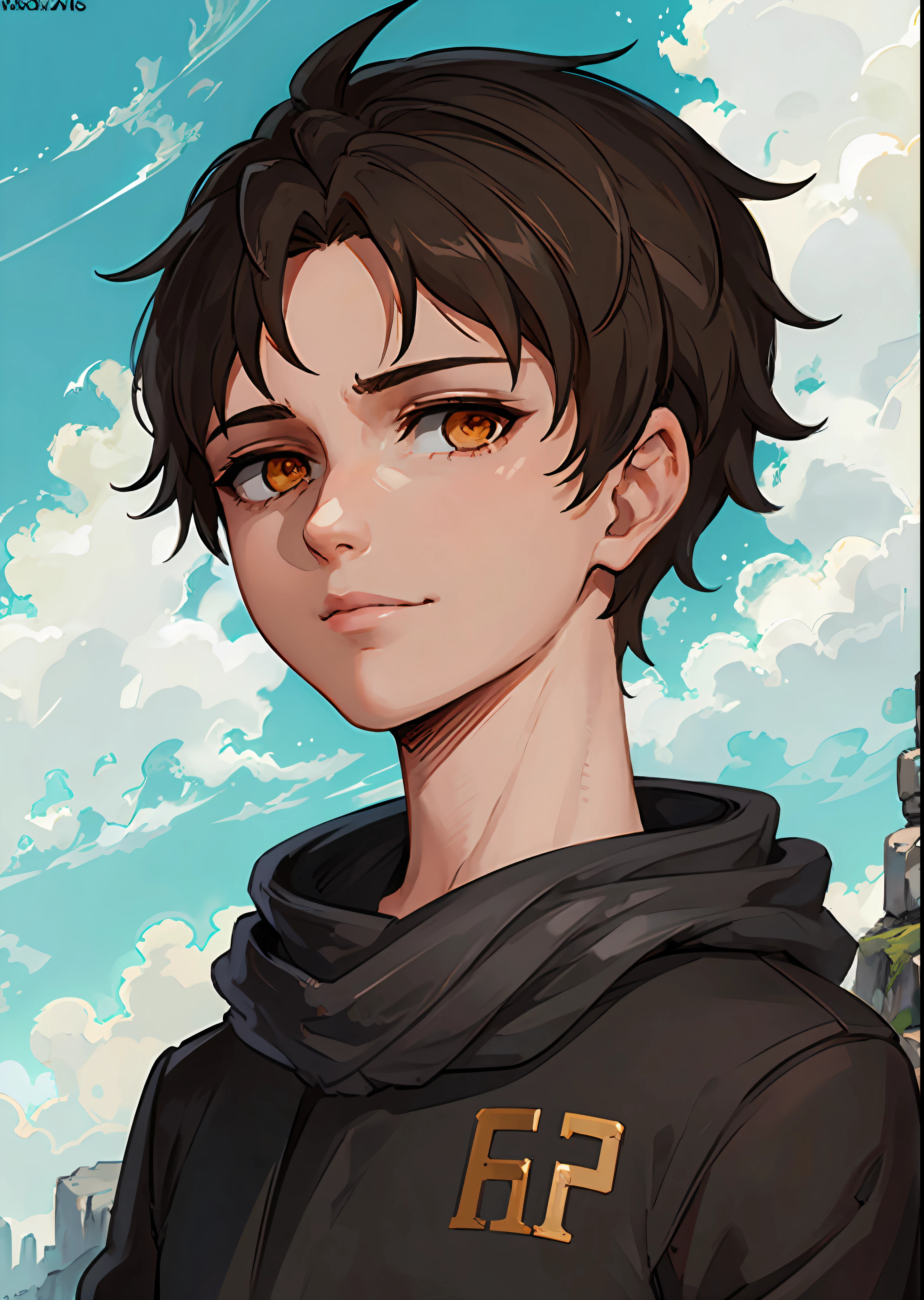 1boy, portrait, , closed mouth, smirk, black hair, golden eyes, short hair, white shirt, blood, solo, spectator look, upper body, sky, (masterpiece:1.2, best quality)