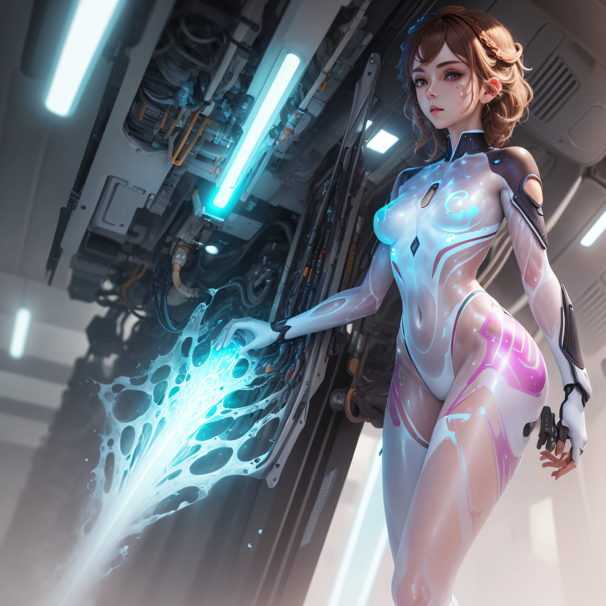 masterpiece, best quality (lora:translucent_skin:1.3), 1girl, translucent skin, white bodysuit, mechanical