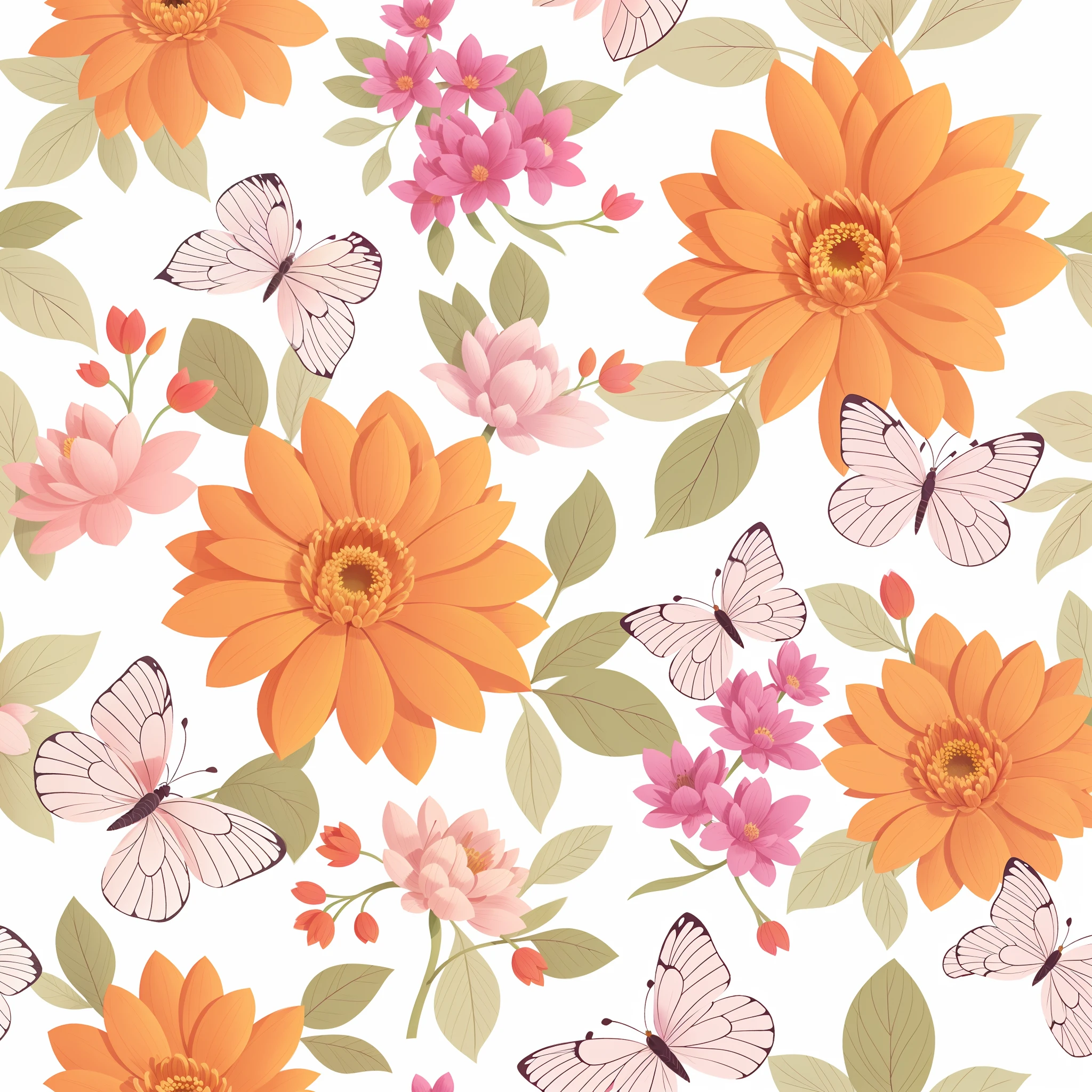 a close up of a flower and butterfly pattern on a white background, flores e borboletas, garden flowers pattern, seamless pattern design, floral pattern, dark flower pattern wallpaper, fundo da flor, flores cor-de-rosa alaranjadas, flores e flores, flores detalhadas, fundo cheio de flores marrons, flores florais coloridas, motivos florais, papel de parede florido, neon floral pattern, com flores coloridas