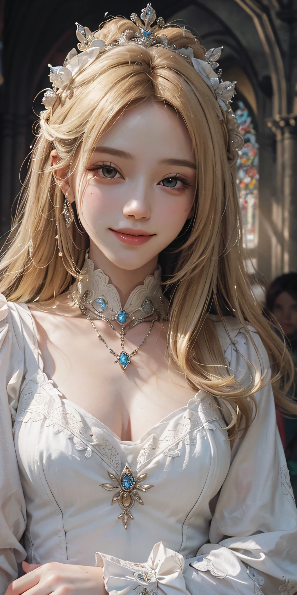 (Absurd, High Resolution, Ultra Detailed), 1woman, Solo, Mature, Portrait, (Long Blonde), Royal, Lady, Baroque, White Dress, Long Sleeves, Elegant, Colorful, Most Detailed, Upper Body, Cathedral, Light Smile, Front, (Shut Up)