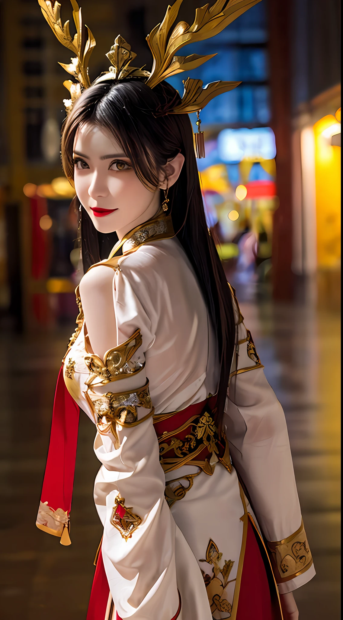 1 very pretty girl, walking alone, 27 years old, girl wearing a bridal gown, ao dai and hair jewelry, young girl wearing a white ao dai, red and yellow silk pants, red and white hugging ao dai, fabric long thin, wear with ao dai, luxurious and mysterious dark version, hair jewelry with many intricate patterns, head jewelry, red lips, thin and beautiful lips, charming smile that captivates viewers, fine details, detailed background, super detailed, magic lighting, beautiful lighting effects, clear face, shoulder length hair, beautiful and well-proportioned face, (transparent yellow eyes : 1.8), big round eyes and very beautiful and meticulous, wearing silk ao dai, mysterious makeup, jewelry on ao dai, bangs flat and dyed in light yellow, medium-sized, regular breasts, big buttocks, flat belly, curves perfect girl body, girl portrait, upper half, hanged, Real and alive, (star: 1.7), (zodiac sky: 1.8), fiction , RAW photo, Vietnam Ao Dai photo, photo most beautiful, 8k, best quality 8k photos, surreal, most realistic,