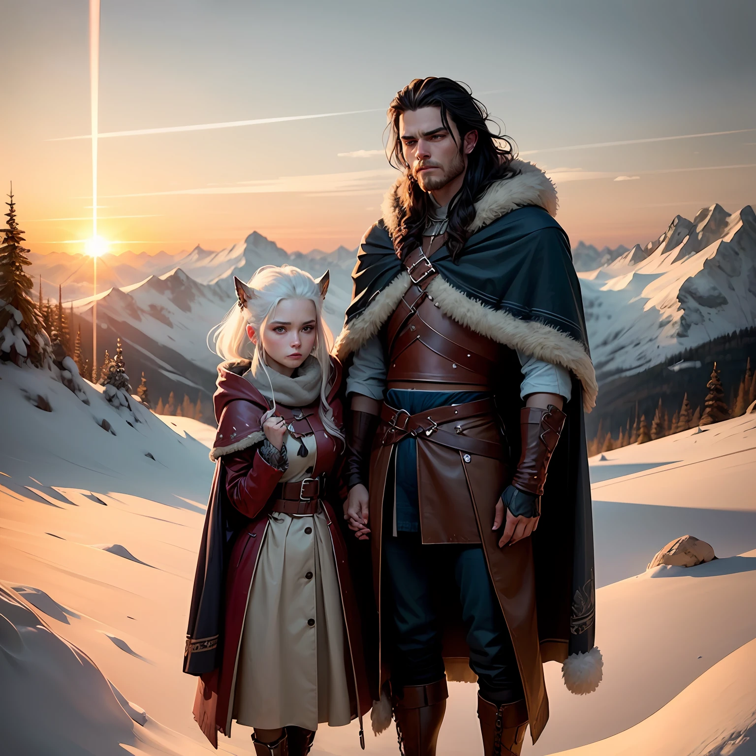 Medieval Fantasy, Character Couple. The man is young, tall, with long very dark hair and furry leather clothes suitable for winter, he is wearing a furry cloak, and resembles a Viking with tattoos. And in his right hand he carries a sword. The woman is of short stature, young, incredibly beautiful, delicate, white hair, with long straight, light blond hair, wearing winter archer's clothing. They are standing in a remote, snow-covered mountainous place in the light of the setting sun. Perfect detailed faces, hyper-detailed, painting. Mucha realistic, sunset light. Amazing hyperrealistic colorful cover photo. --auto