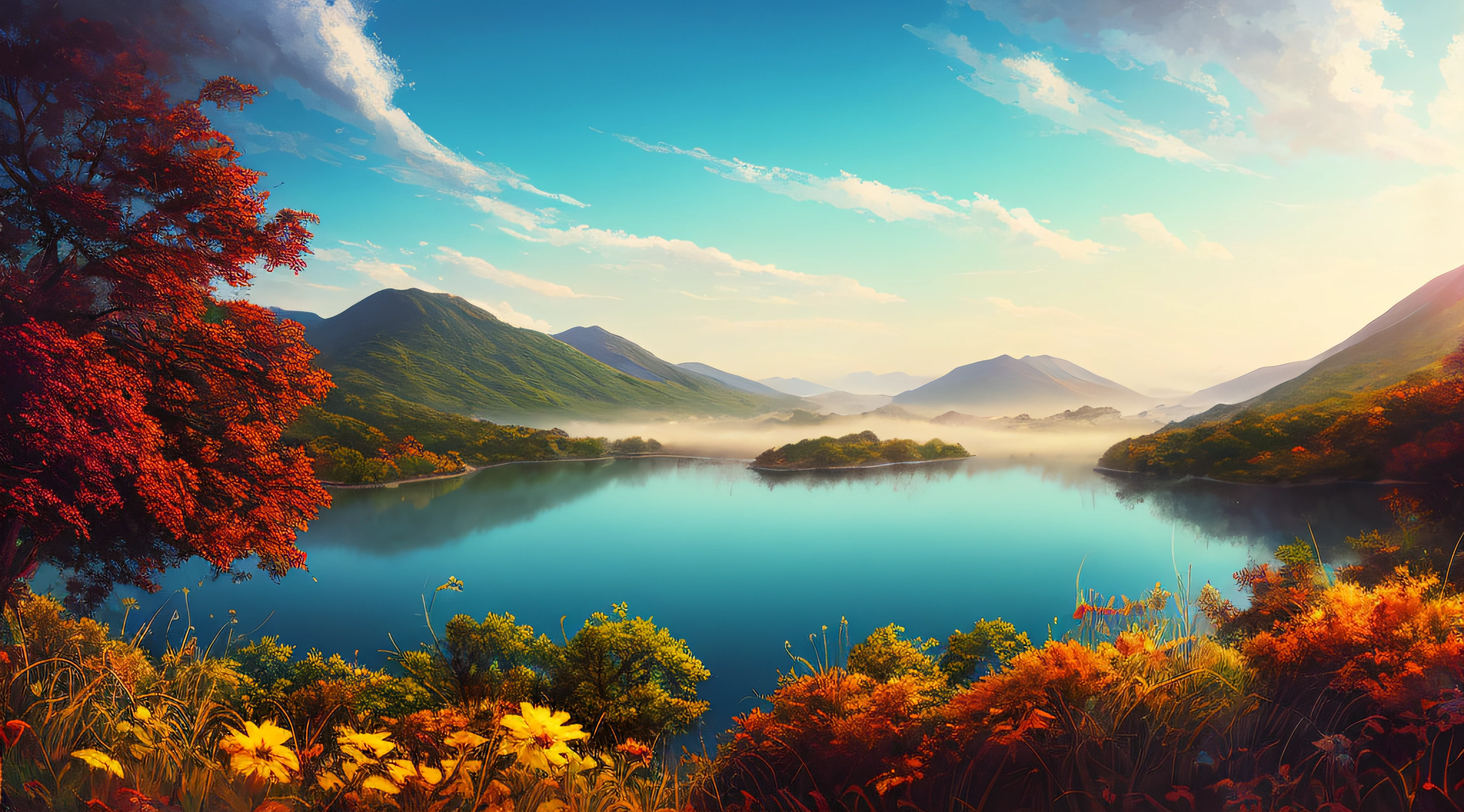 masterpiece, best quality, high quality,extremely detailed CG unity 8k wallpaper, A tranquil and peaceful scene, featuring a serene lake nestled among rolling hills and surrounded by a verdant forest, with a misty morning fog that adds an air of mystery and enchantment, artstation, digital art, intricate, trending, muted colors, artstation, digital illustration, intricate, trending, pastel colors, oil paiting, award winning photography, Bokeh, Depth of Field, HDR, bloom, Chromatic Aberration ,Photorealistic,extremely detailed, trending on artstation, trending on CGsociety, Intricate, High Detail, dramatic, art by midjourney