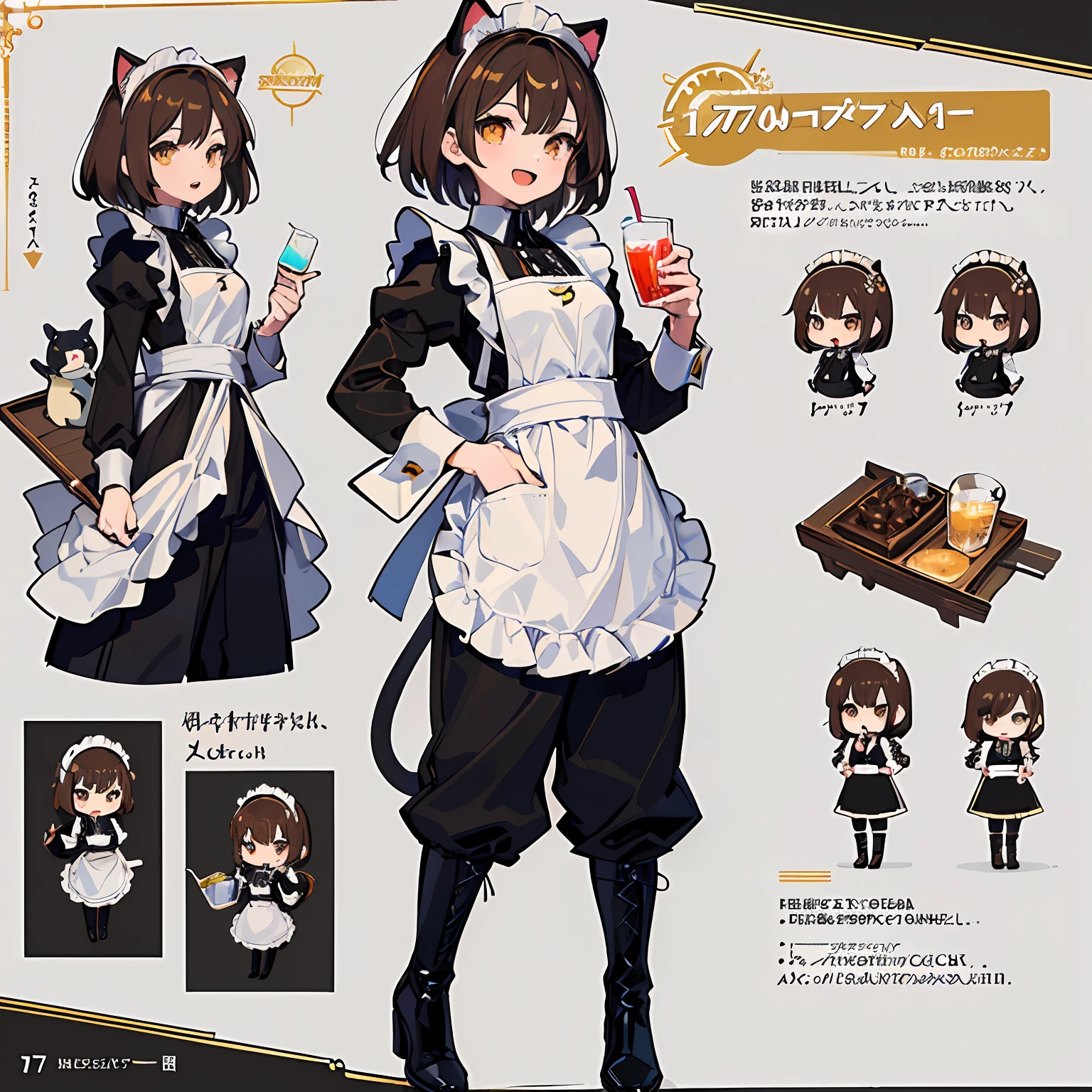 (super fine illustration:1.2),masterpiece, 8k, (best quality, high quality, perfect anatomy:1.4), hyper detailed, ultra detailed,beautiful,1girl, solo,(CHIBI, concept art:1.5), (small breasts, long sleeves, light smile, open mouth, 17 years old, Brown hair, short hair, cat ears, golden eyes, golden eyes of a cat, black blouse, long sleeves, maid, maid apron, white apron, black pants, long pants, boots, slender girl:1.2),(The girl is carrying the Glass with soda on a tray, full body),(juice, glass, soda, ice in glass),white background,