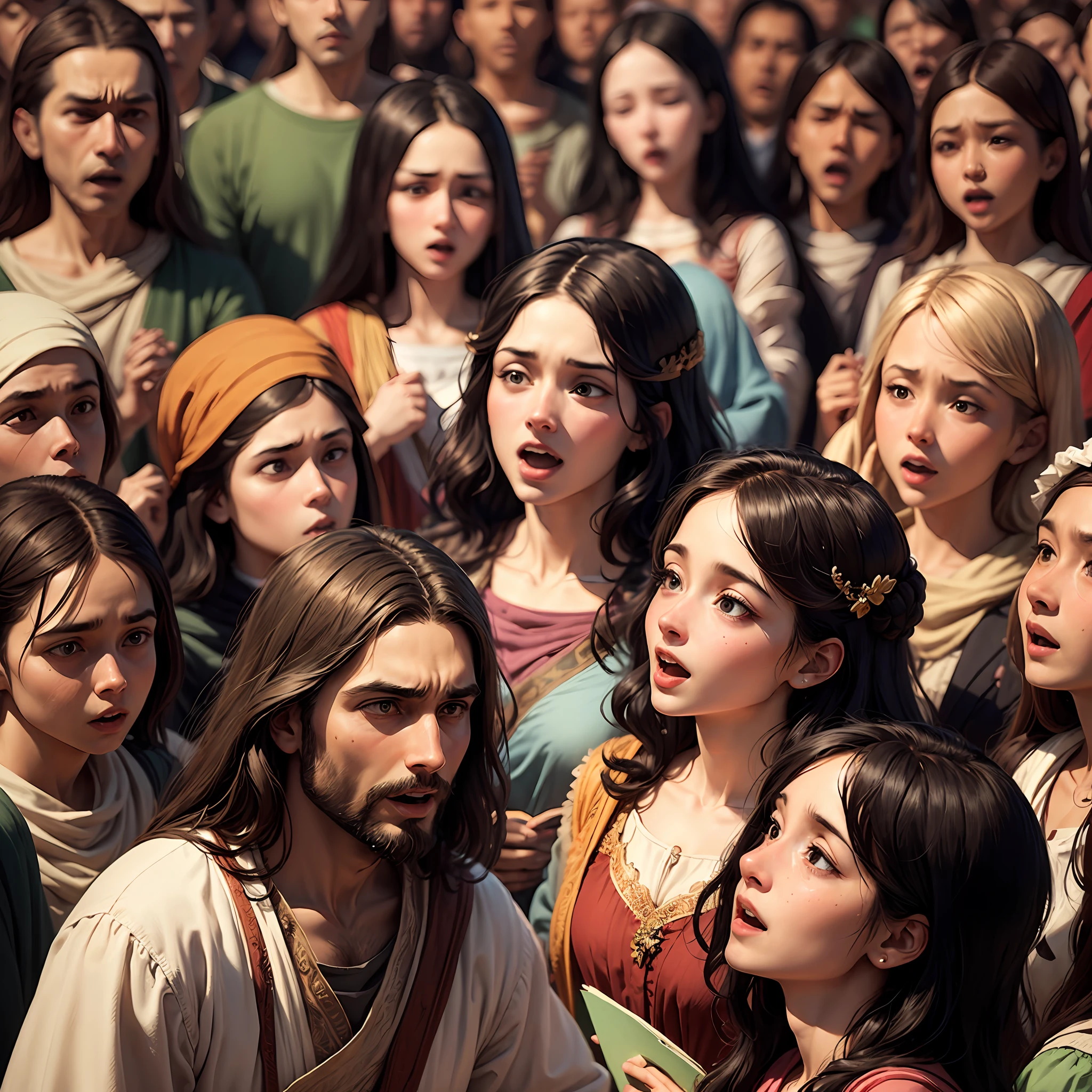 Jesus looking up at heaven with an expression of joy and a crowd looking at him with expressions of astonishment --auto