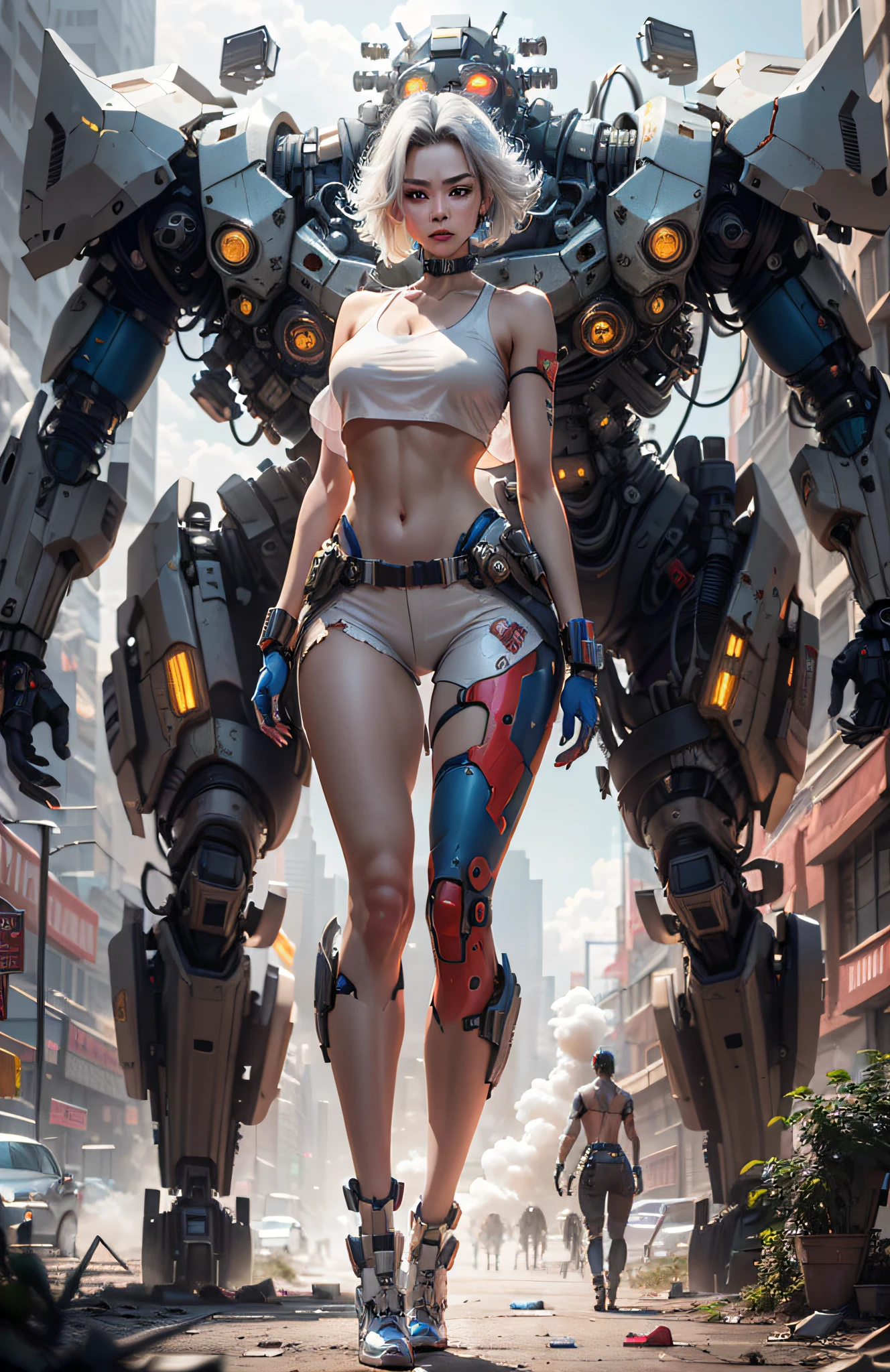 masterpiece, best quality, 1girl, translucent skin, white bodysuit, mechanical, full body shot, space,  large breasts, bone