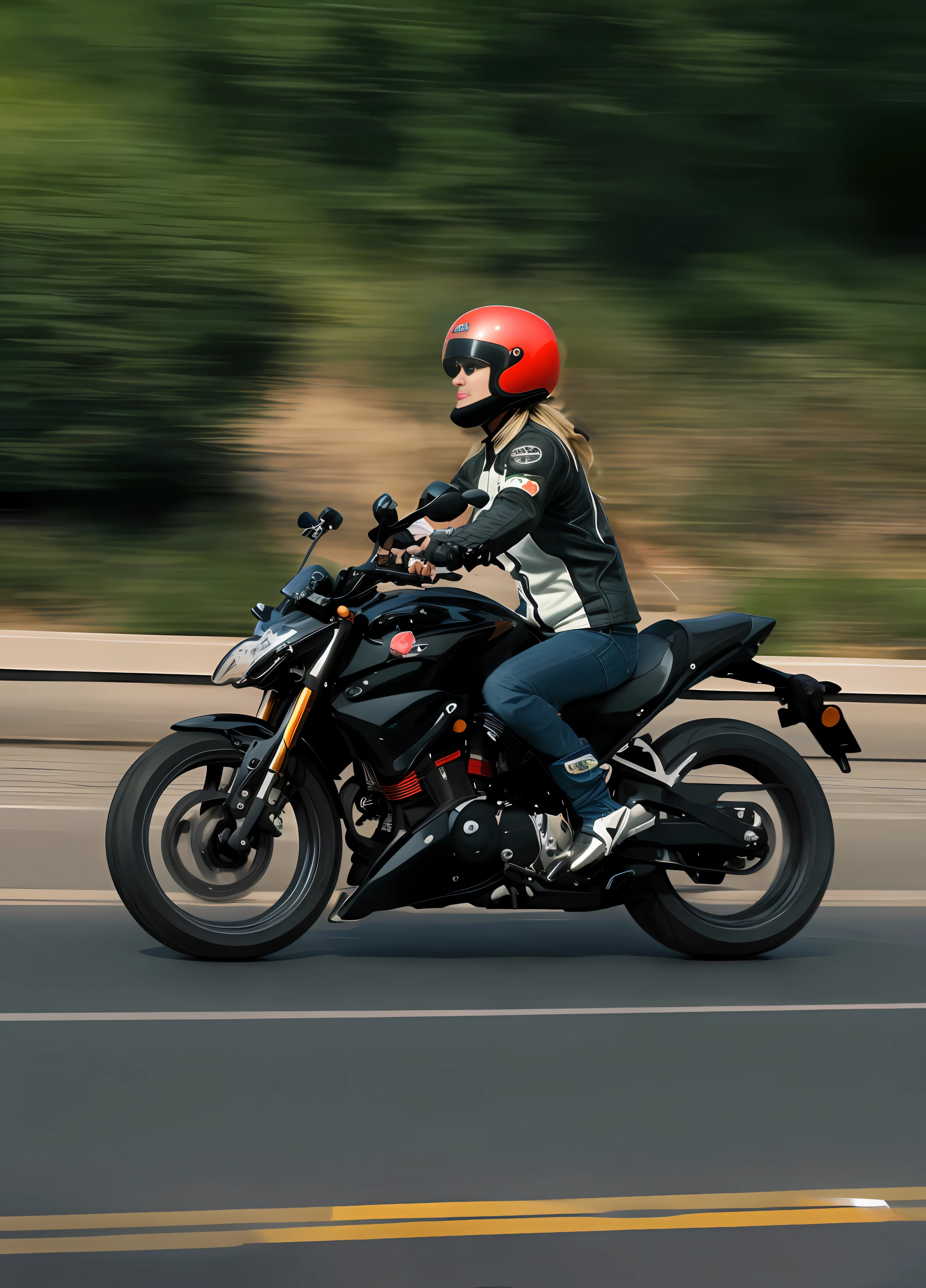 On the street there was a long-haired woman riding a motorcycle, riding a motorbike, Riding a motorcycle, riding a motorbike down a street, riding on the road, picture of a female biker, riding a futuristic motorcycle,style of cyberpunk, speeding on motorcycle, yoshimura exhaust, motorbiker, motorbike, easy go, motorbike, candid, panning shot, Riding, sitting on a motorcycle