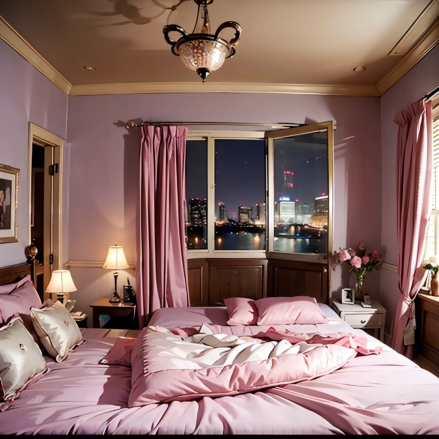 Movie scenes,Lifelike,((bedroom)),(Pink bed),((Still Life Screen)),(night),Soft illumination,