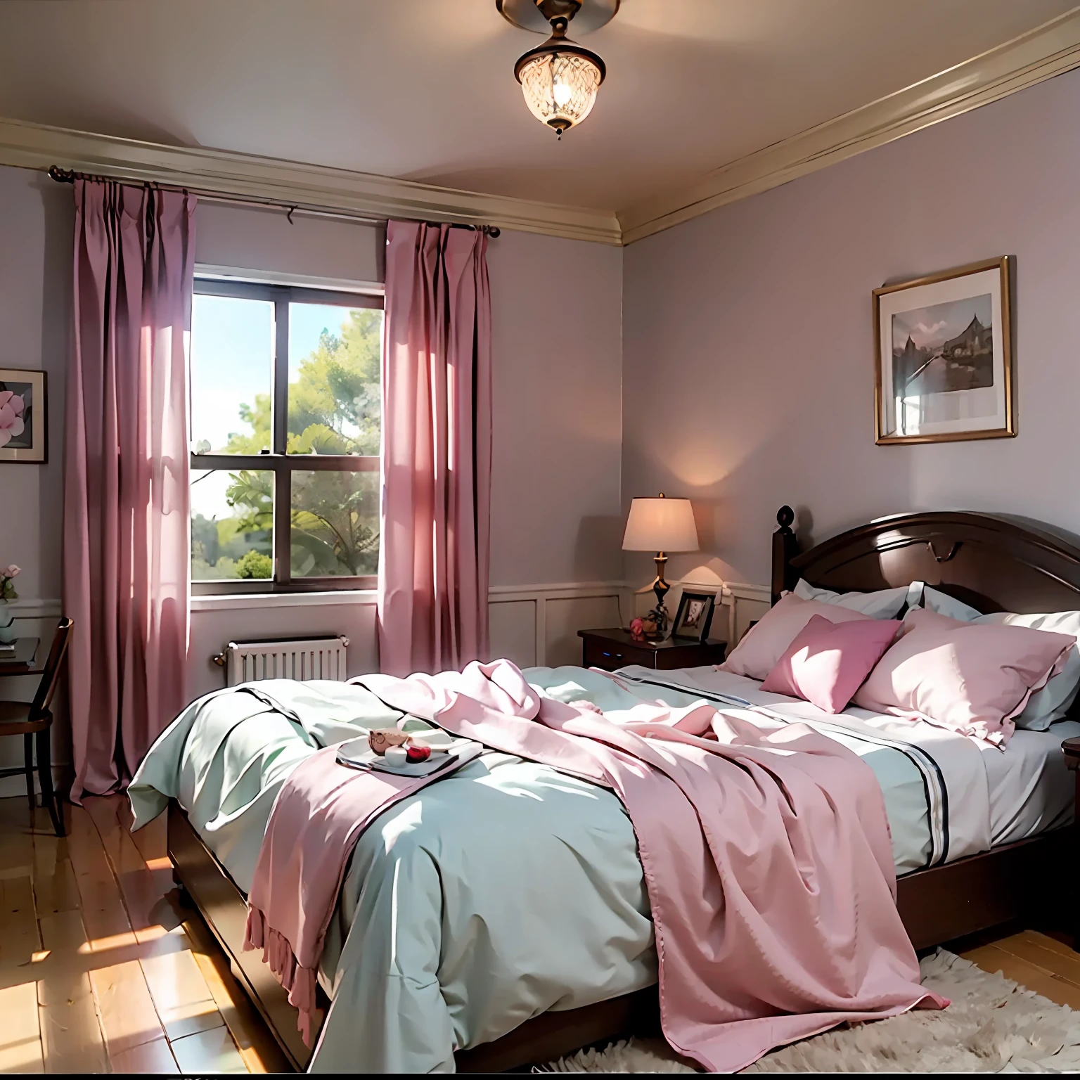Movie scenes,Lifelike,((bedroom)),(Pink bed),((Still Life Screen)),Soft lighting,